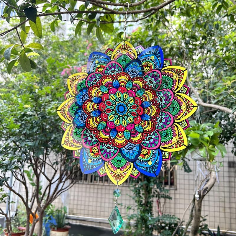 HZSprance Molinillo de viento con diseño de mandala, escultura de jardín de acero inoxidable 3D de 12 pulgadas, para colgar en el patio, decoración