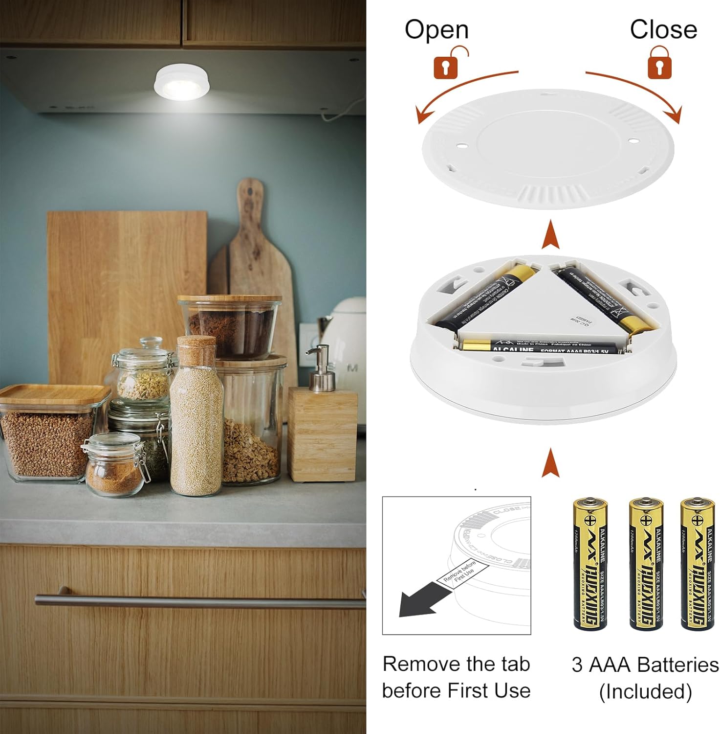 Luces LED de disco para grifo, mini luces de empuje a pilas, iluminación LED debajo del gabinete, luces adhesivas, luces nocturnas de armario de