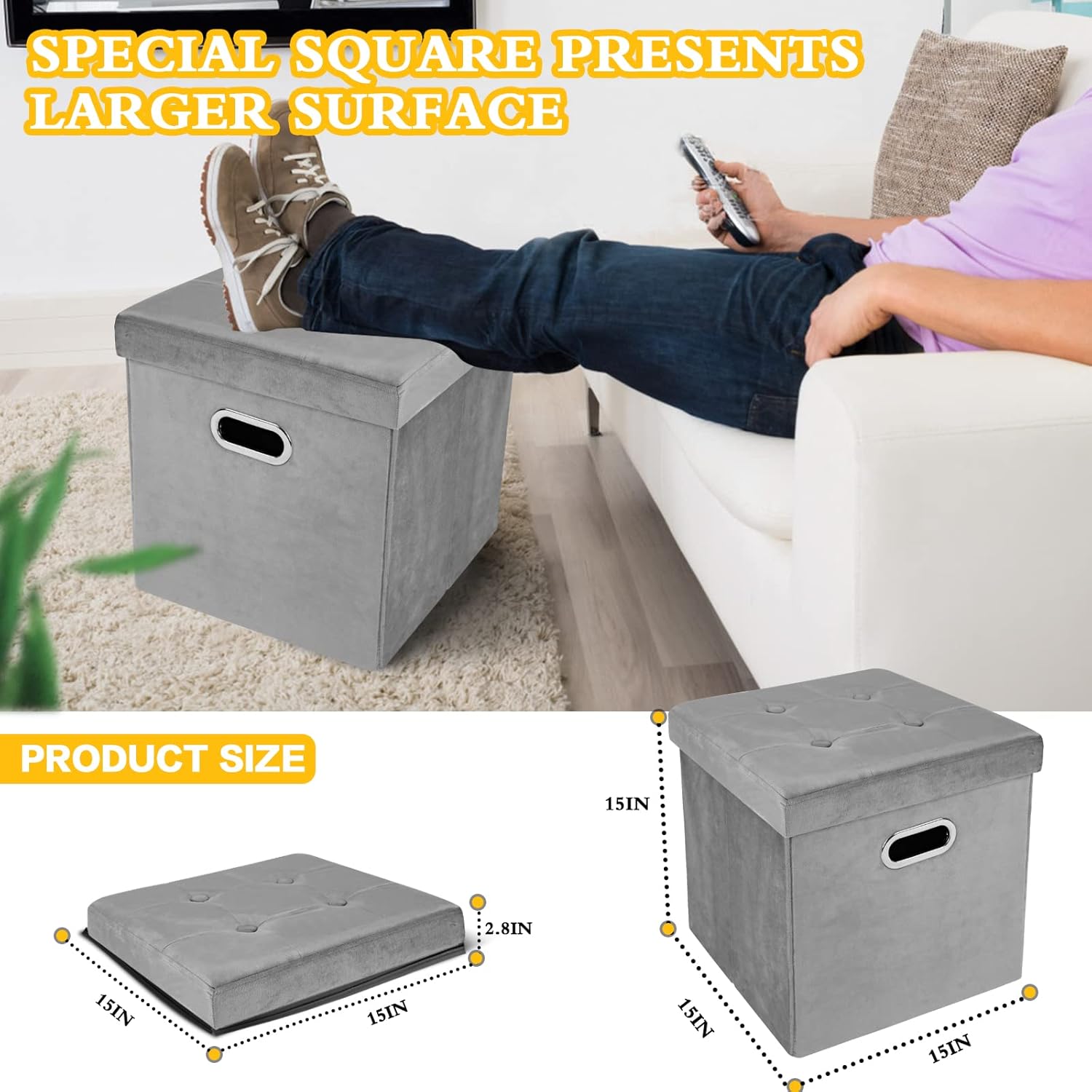 Cubo otomano de almacenamiento, otomana de terciopelo con botones de almacenamiento, otomana cuadrada plegable con bandeja, almacenamiento otomano