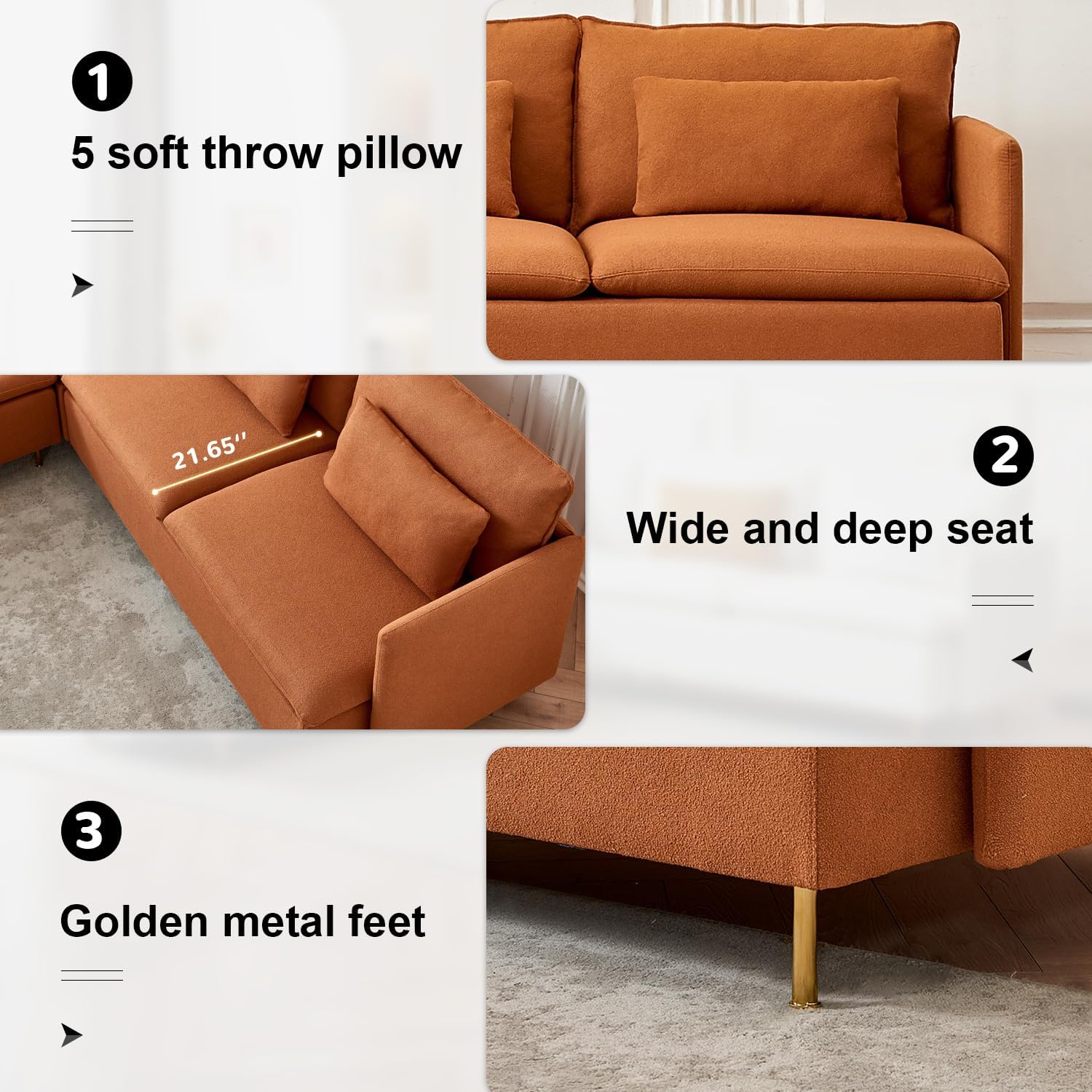 Sofá modular de 92.1 x 92.1 pulgadas, sofá esquinero Boucle Teddy Fabirc, sofá de 5 asientos en forma de L, sofá moderno con almohada de 5 cintura
