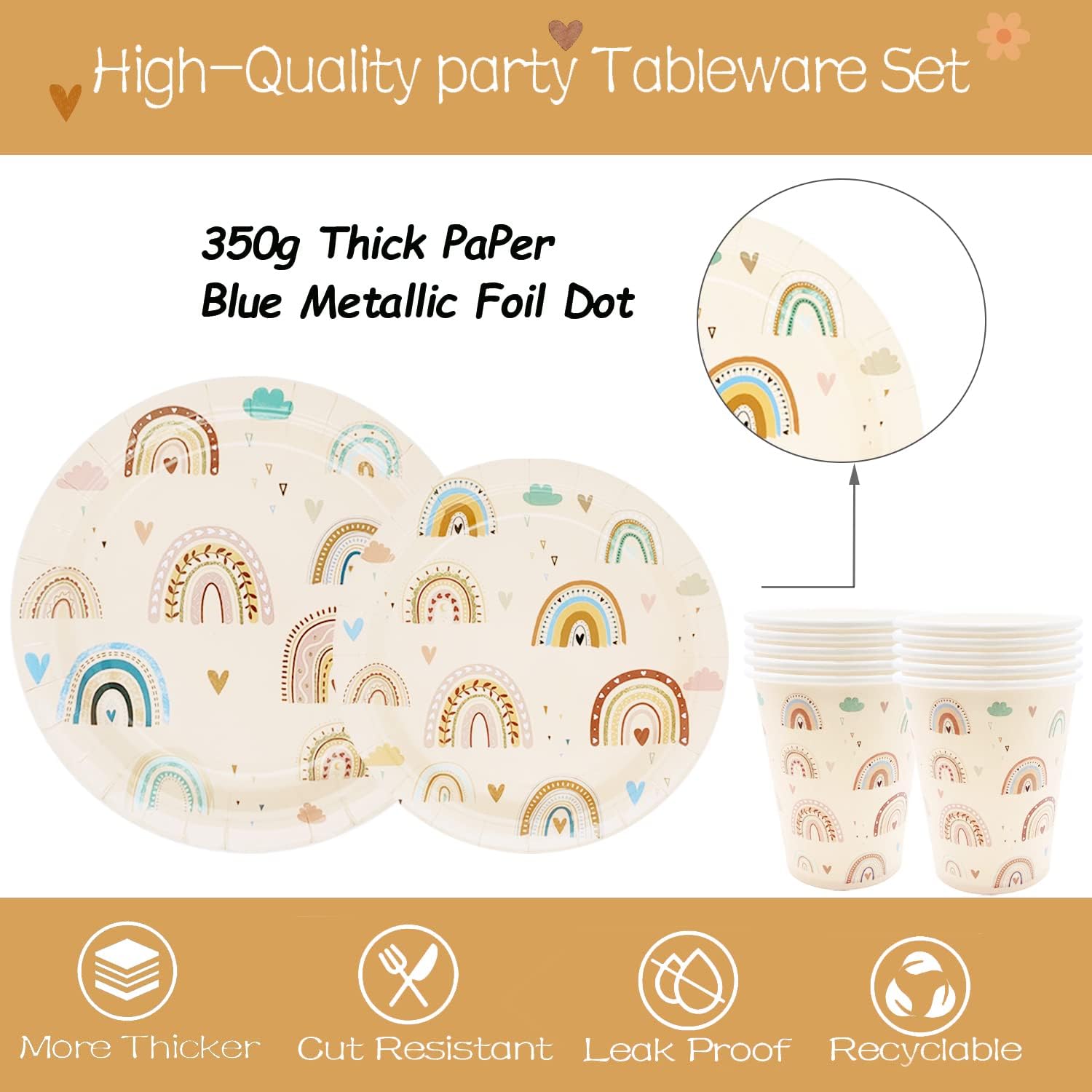 Suministros de fiesta de arco iris bohemio, juego de vajilla bohemia para baby shower, incluye platos de papel, servilletas, tazas, tenedores para