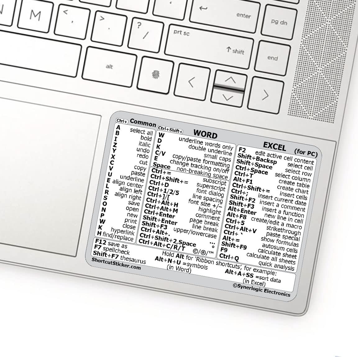 SYNERLOGIC Microsoft WordExcel (para Windows) Guía de referencia Adhesivo de acceso directo de teclado, laminado, vinilo sin residuos (blancogrande)