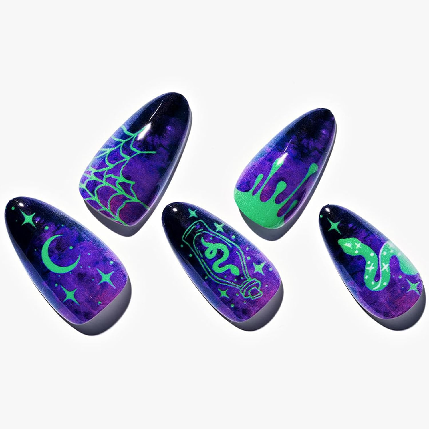 GLAMERMAID Galaxy – Uñas postizas a presión negras medianas, uñas postizas de almendra, color morado oscuro, con diseño de serpiente verde, juego de