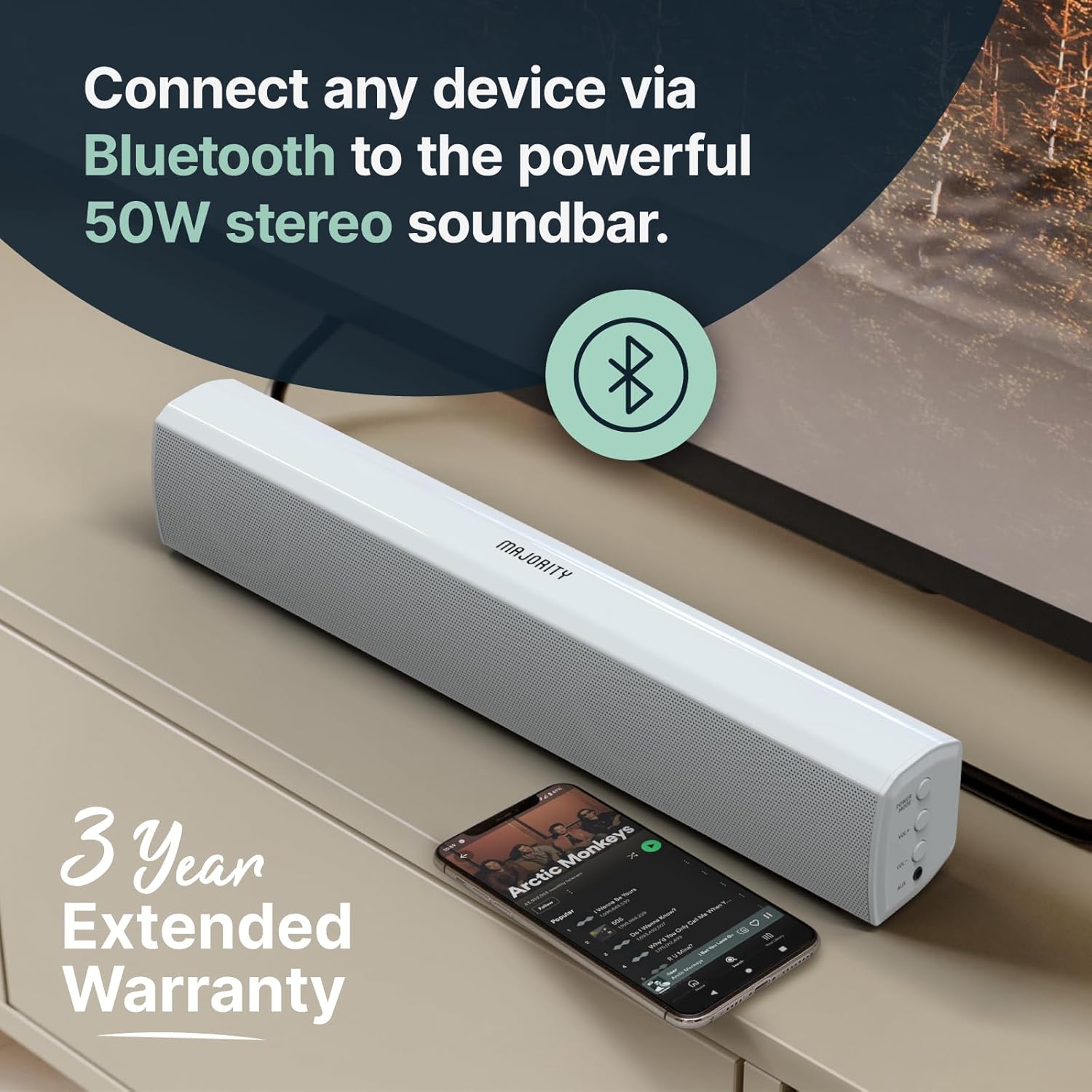 Majority Barra de sonido para Smart TV, 50 vatios, barra de sonido de TV Bluetooth 2.0, barras de sonido de audio para el hogar de 15 pulgadas,