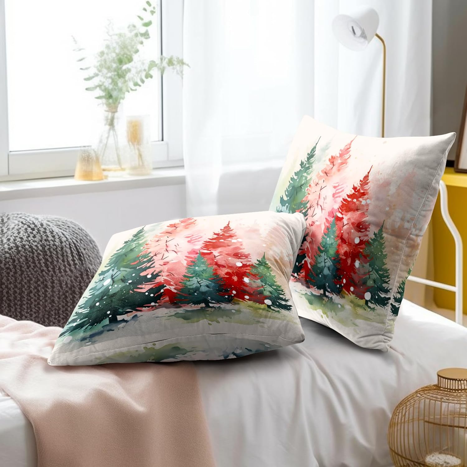 Juego de 2 fundas de almohada con diseño de acuarela para árbol de Navidad, color rojo y verde, para decoración del hogar, sofá, cama, 16 x 16