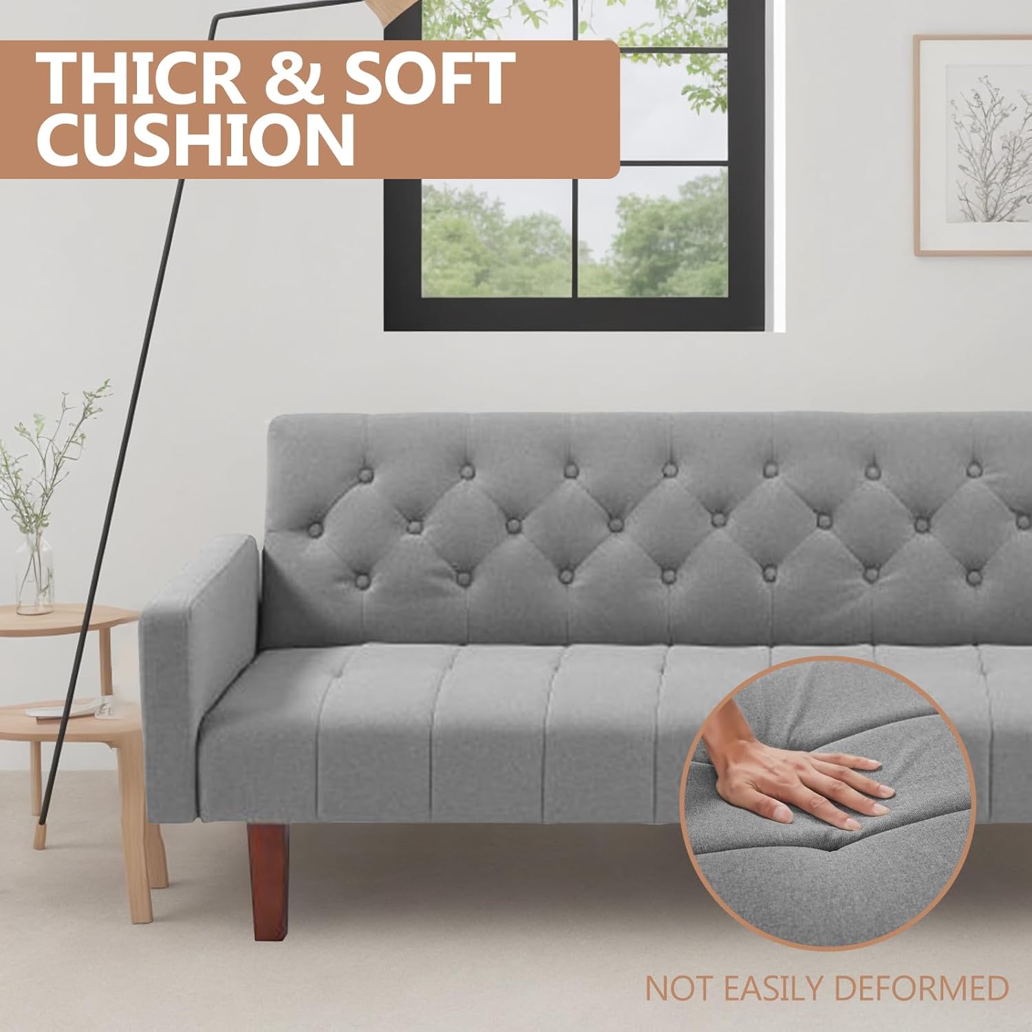 Sofá cama convertible de mediados de siglo con respaldo copetudo gris con patas de madera cónicas para sala de estar, apartamento, sala de estar