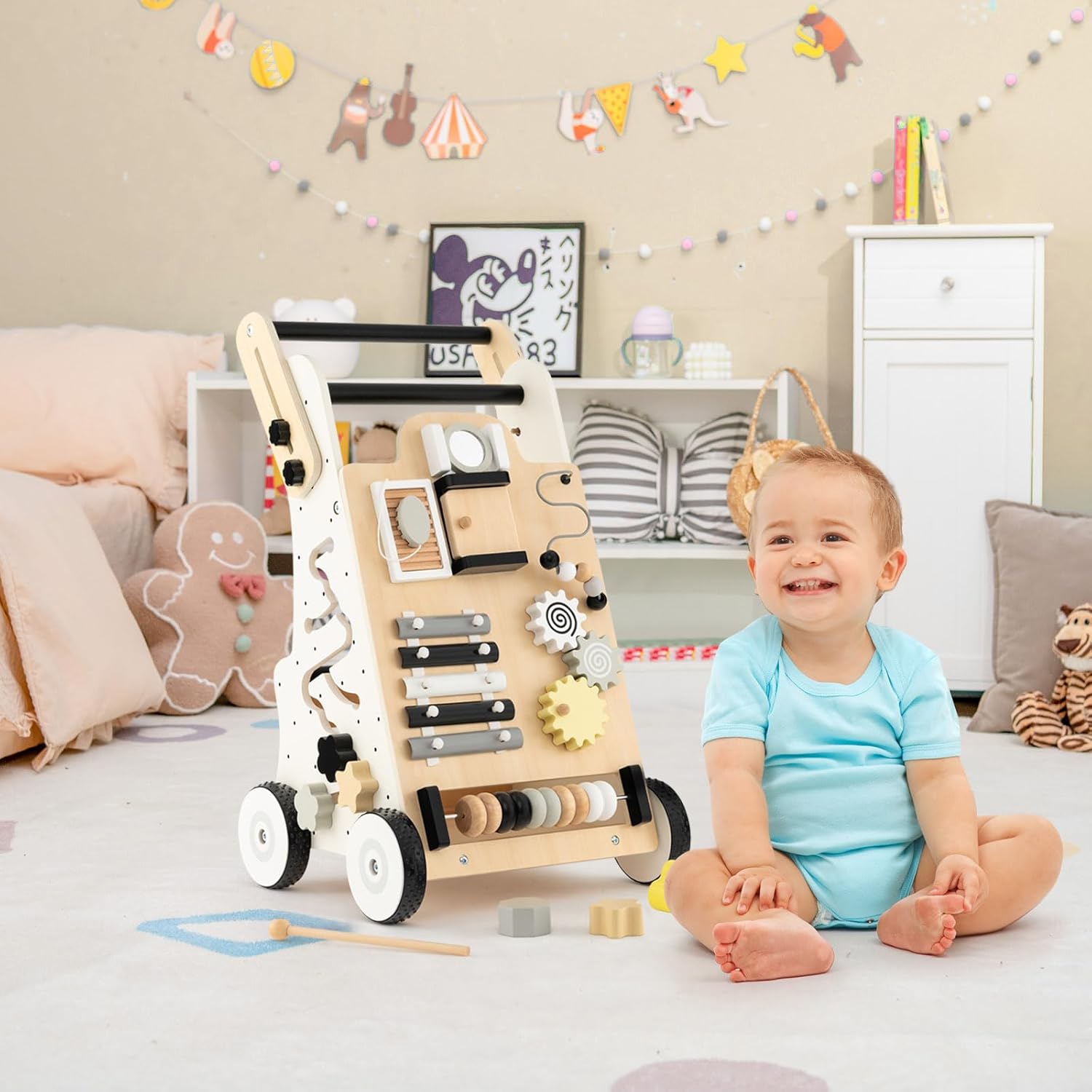 BABY JOY Andador de madera para bebés, centro de actividades de aprendizaje de pie para empujar y tirar, juguete educativo Montessori para niños
