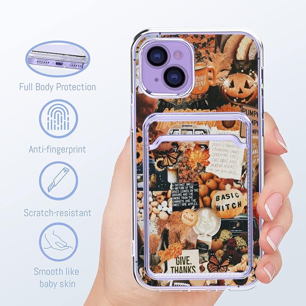 Funda estética para teléfono con tarjetero para iPhone 14, diseño retro estético de calabaza de otoño para niñas y mujeres, diseño de cartera que