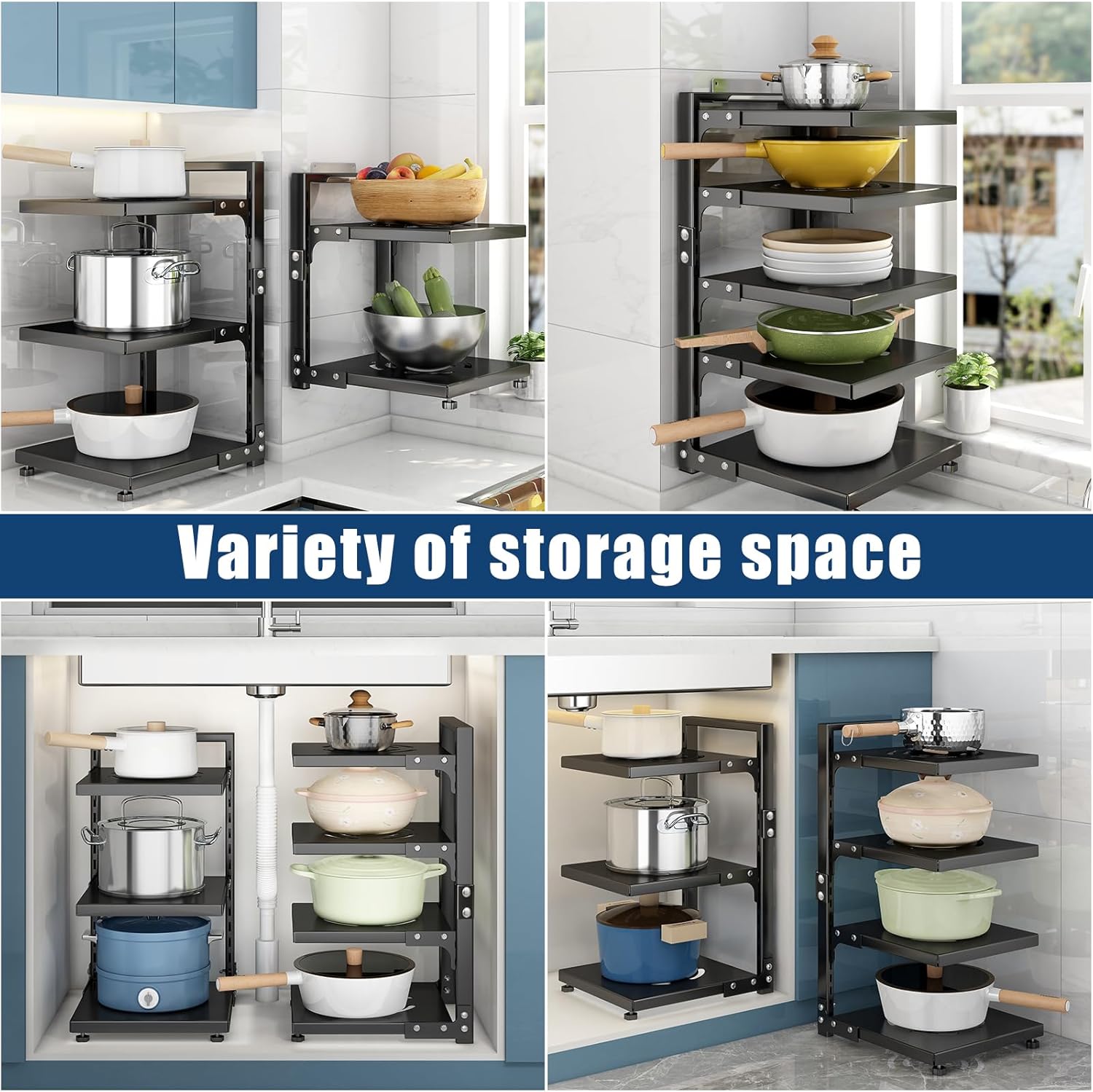 Organizador de sartenes ajustable de 7 niveles para gabinete, múltiples modos de uso, estante para ollas y sartenes para encimera de cocina y