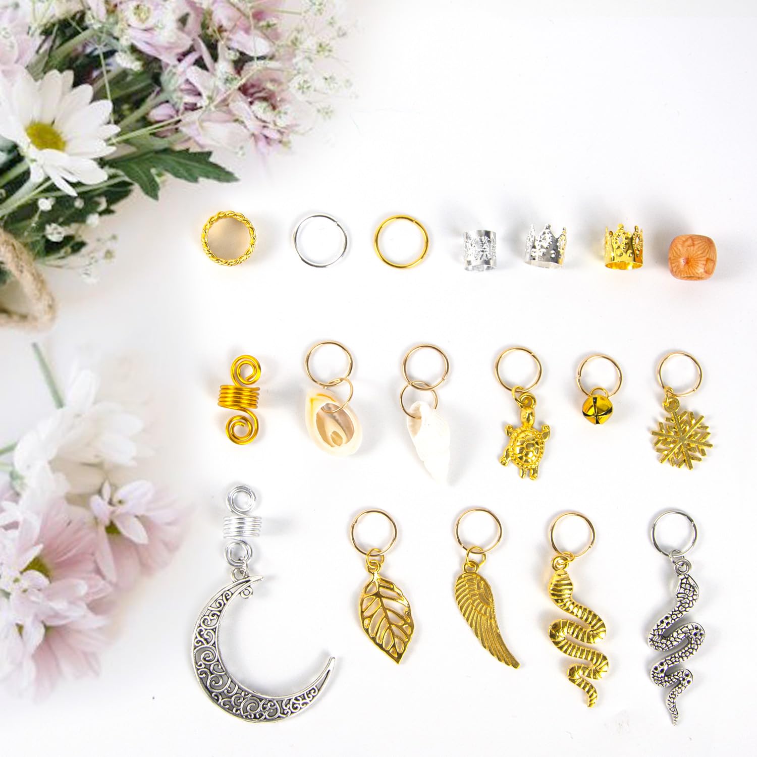 Qingchuang 241 piezas de joyas para el cabello para trenzas, rastas de metal dorado y plateado, conchas de imitación de madera, puños ajustables,