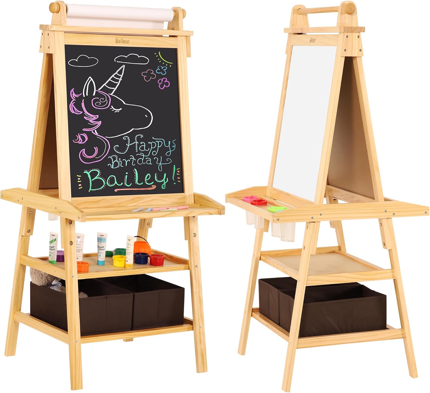 Belleur Caballete de almacenamiento de doble cara 3 en 1 para niños, caballete de arte para niños de 3 a 8 años, tablero magnético más grande con