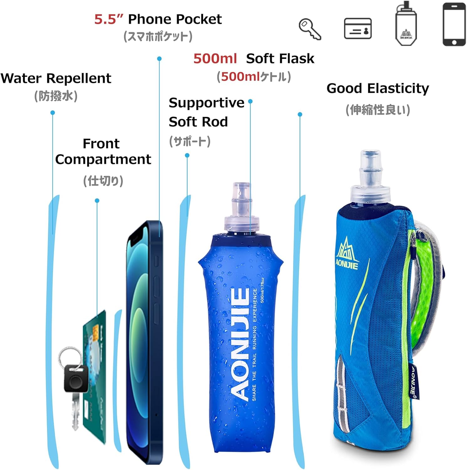 Azarxis Botella de agua de mano y funda para teléfono para corrercaminar, frasco suave de mano de agarre rápido de 17 onzas con correa de mano,