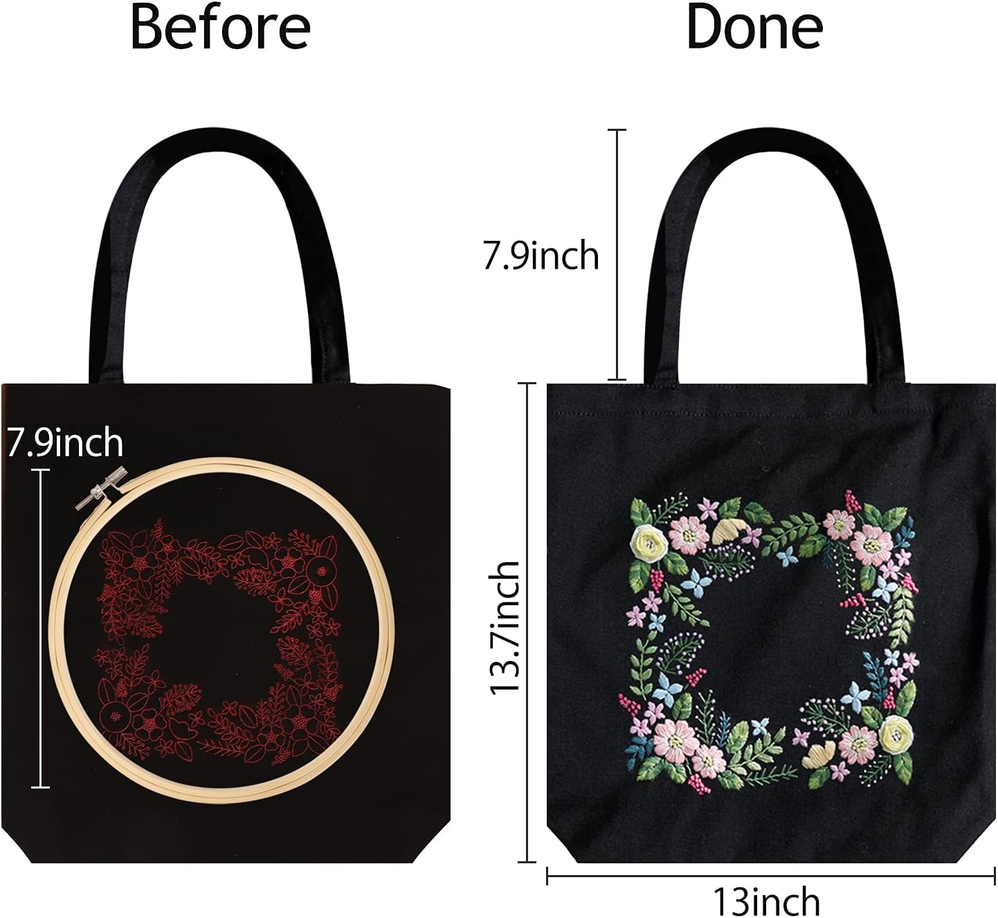Homiton Paquete de 2 bolsas de lona con patrones para principiantes, bolsa de lona personalizada para punto de cruz, aros de bordado de bambú,
