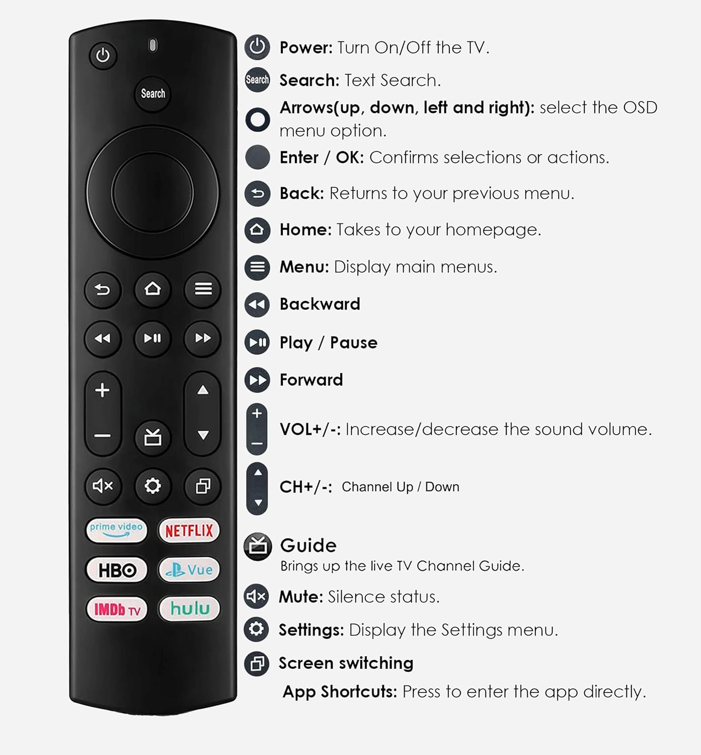 Control remoto universal para todos los televisores inteligentes Toshiba y televisores inteligentes Insignia con 6 botones de acceso directo, no