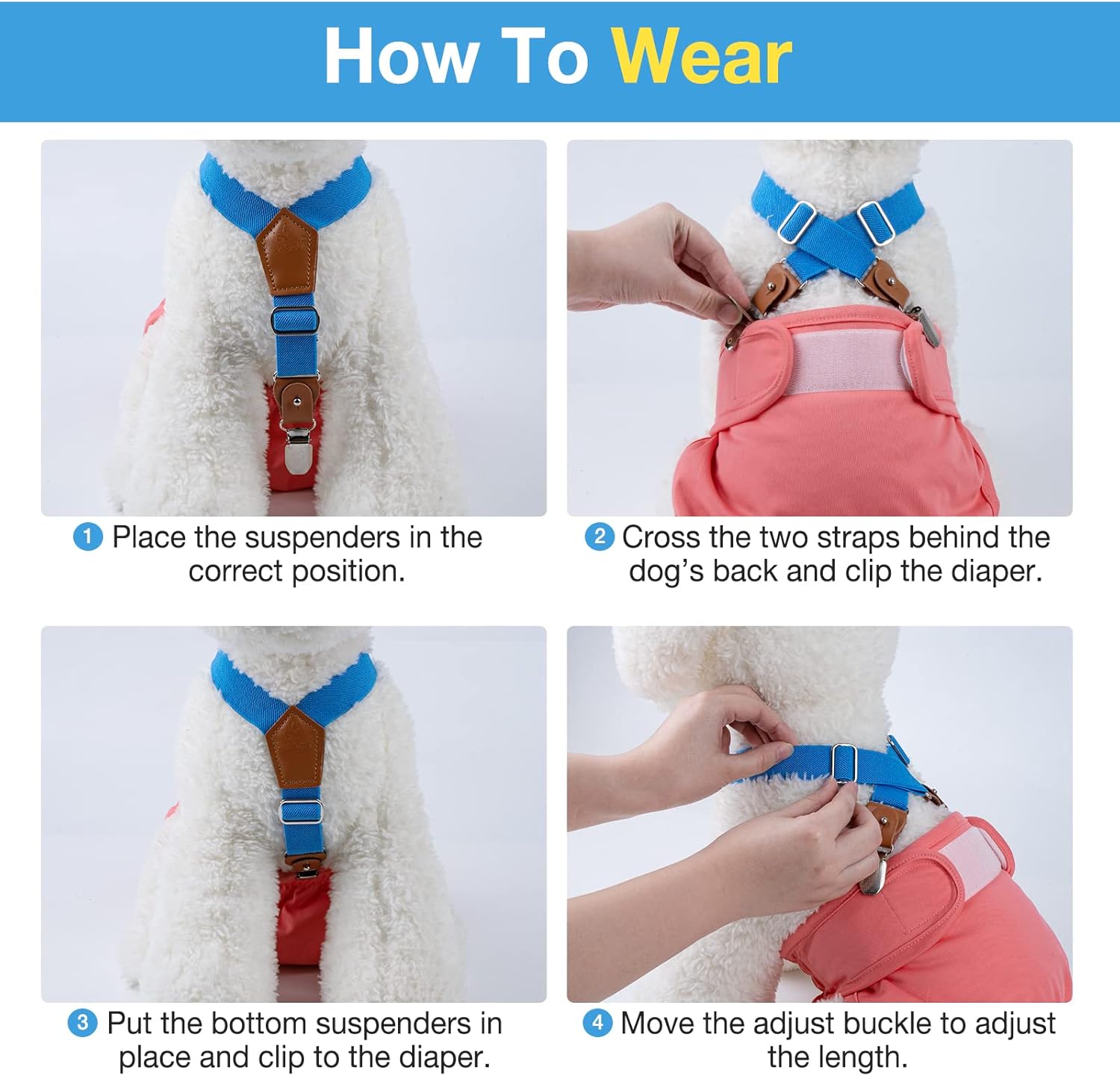 Pet Soft Tirantes para perro, 2 piezas de tirantes de pañales para perras, para falda de perro, vestido para perro (dorado y azul, SM)