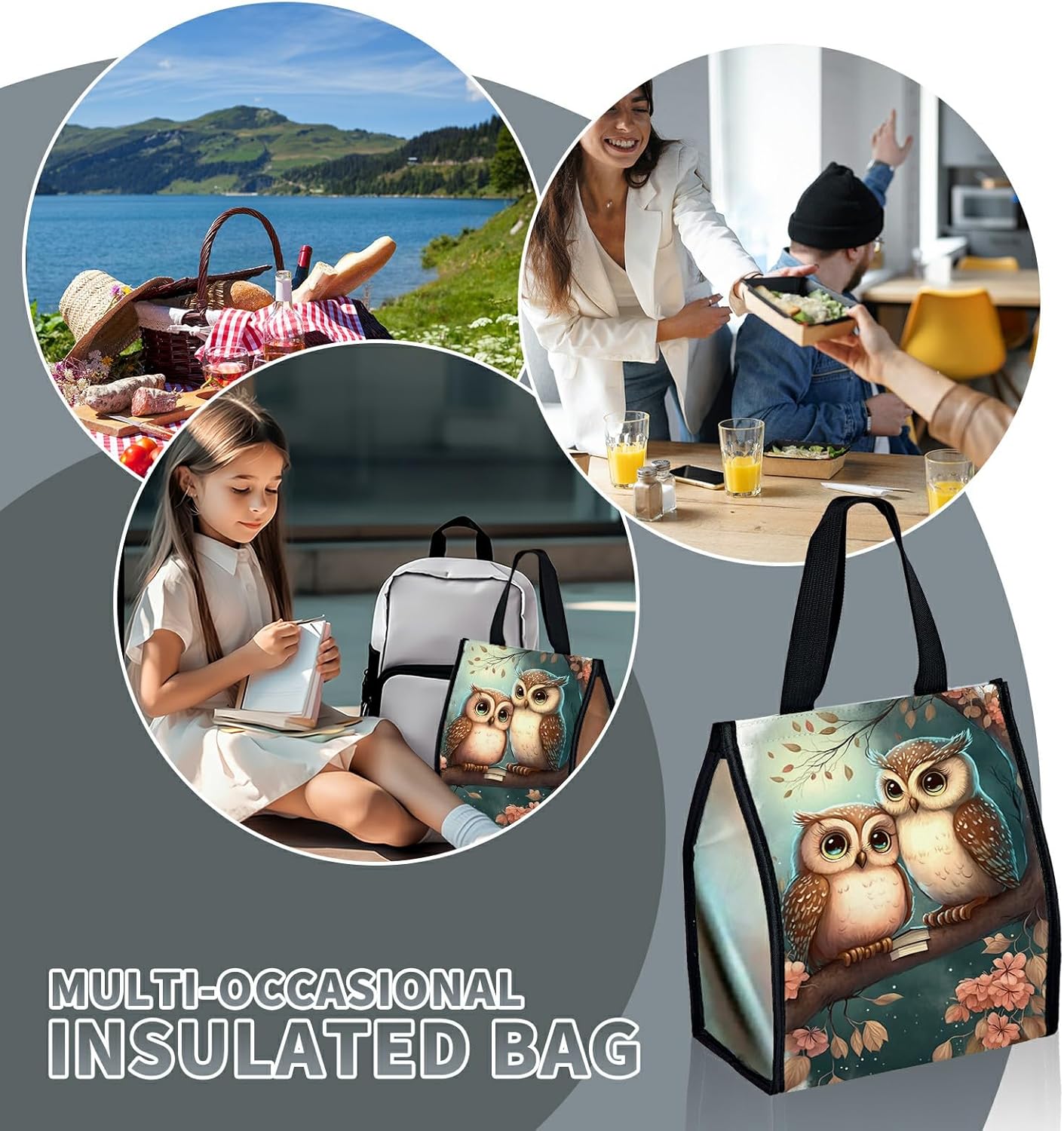 Bolsas de almuerzo para parejas de búhos, linda caja de almuerzo para mujer, reutilizable, aislada, bolsa enfriadora, plegable, portátil, a prueba