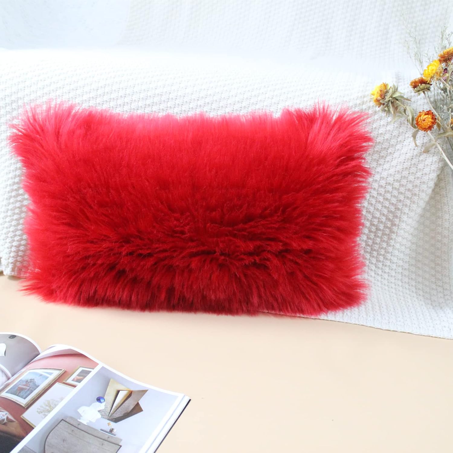 OYIMUA Juego de 2 fundas de almohada decorativas esponjosas de 12 x 20 pulgadas, fundas de almohada de pelo sintético de lujo de granja de lujo,