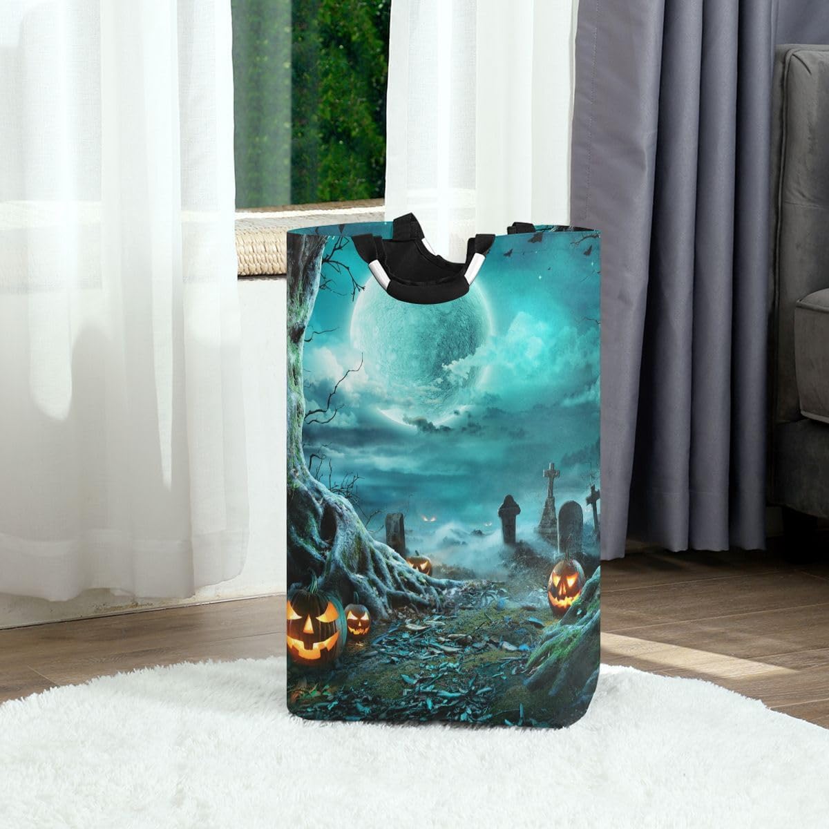 Cesta grande de noche espeluznante de Halloween con luna llena, bolsa de lavandería plegable, con asas para lavandería, dormitorio, decoración del