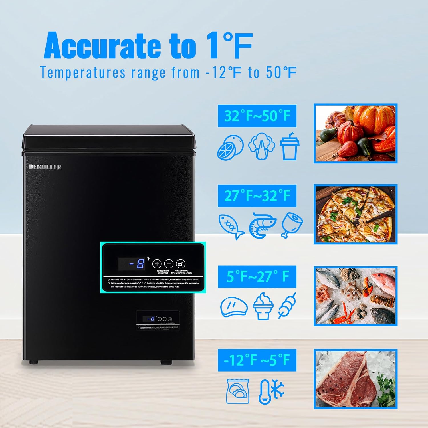 DEMULLER – Congelador de pecho de 3.5 pies cúbicos compacto con control electrónico de temperatura (preciso a 1 ), congelador pequeño independiente
