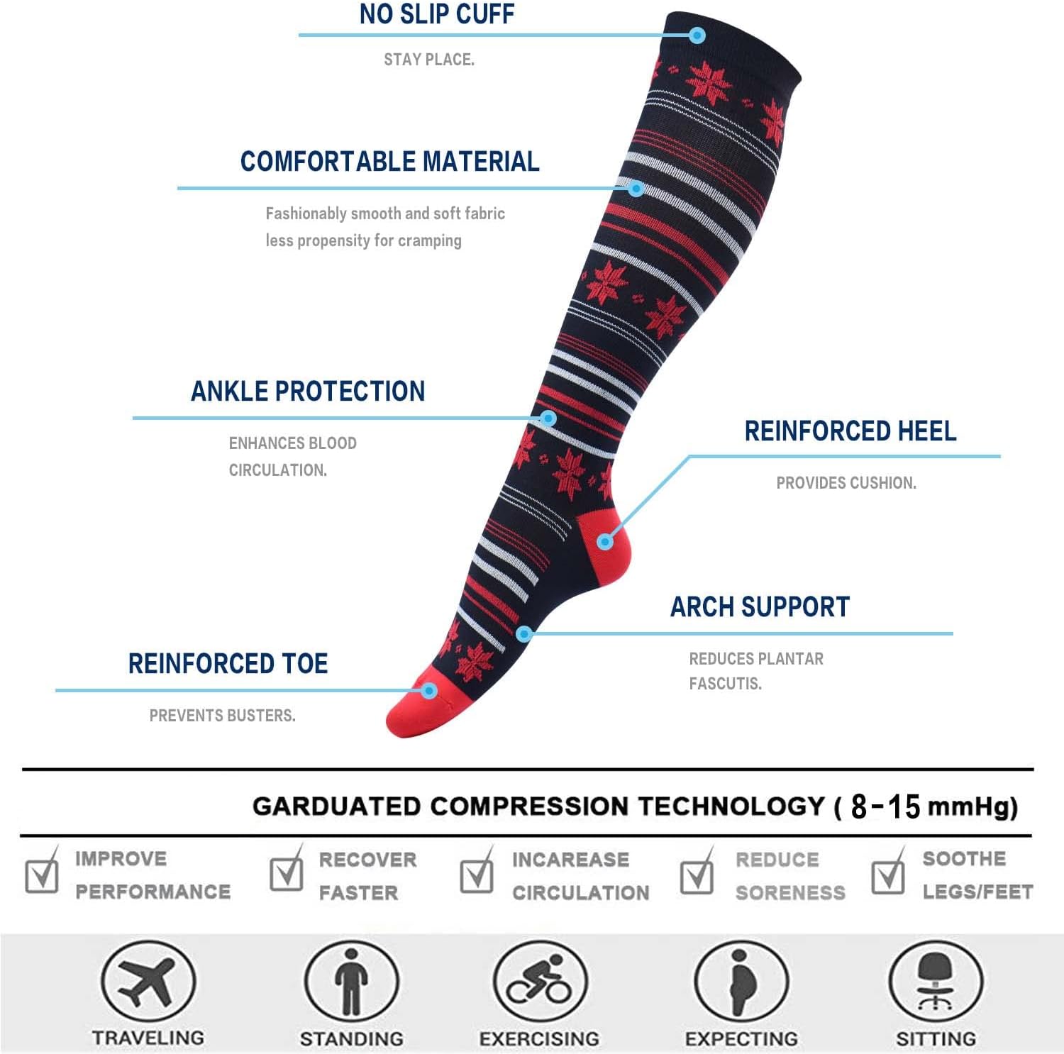 Lavencious Calcetines de compresión 6 pares de 8-15 mmHg para mujer talla de zapato 6-10, tamaño de calcetín 9-11, 6 pares