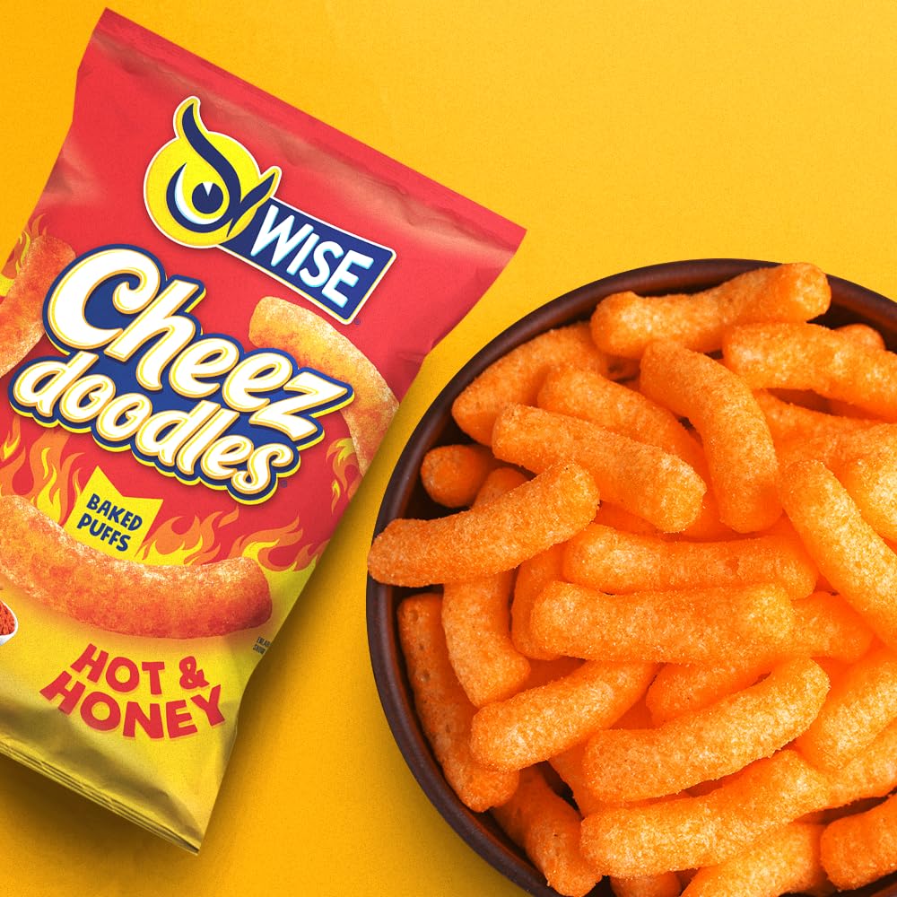 Wise Snacks Cheez Doodles – Bocadillos horneados, calientes y miel, bolsas individuales de tamaño de aperitivos, aperitivos escolares y de Halloween