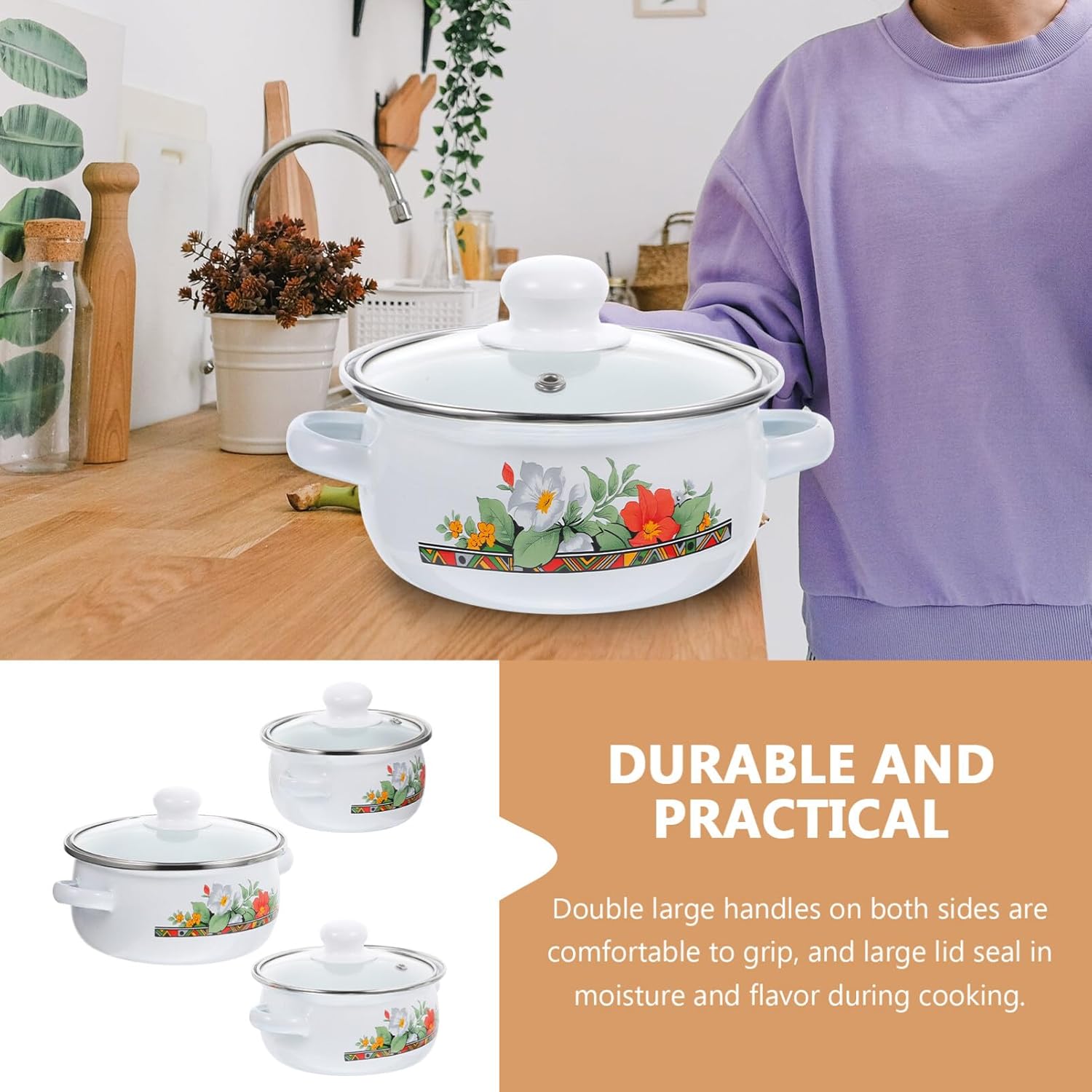 UPKOCH Olla de cocina esmaltada con tapa, olla de cocina retro antiadherente, olla de sopa floral a fuego lento para inducción, olla de pasta para