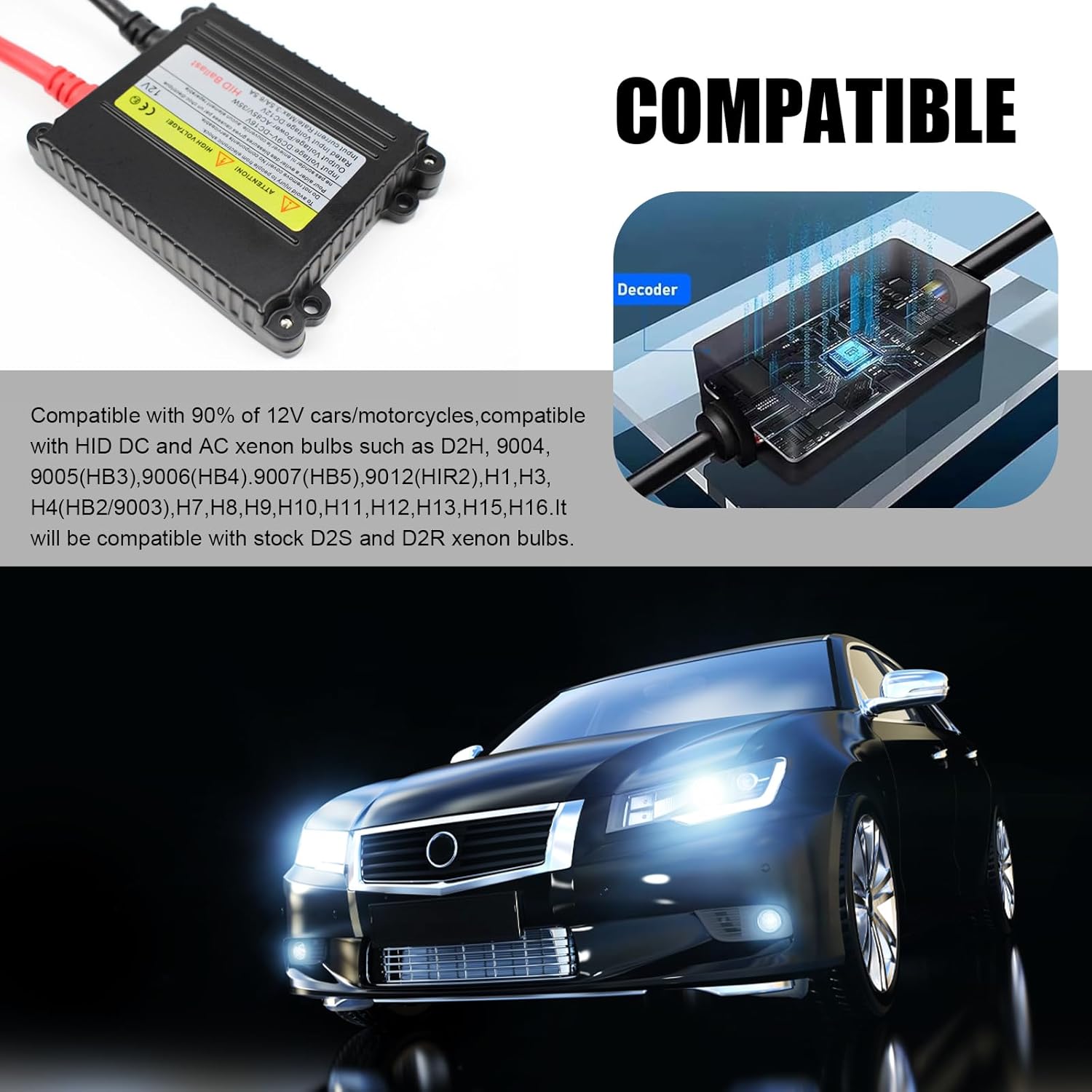 Pack-2 Automotive HID Ballast, 12V 35W Ultra-Thin DC Retrofit Bulb Ballast for Xenon Light, Splash-Proof Sealed Standard Flicker-Free Bulb