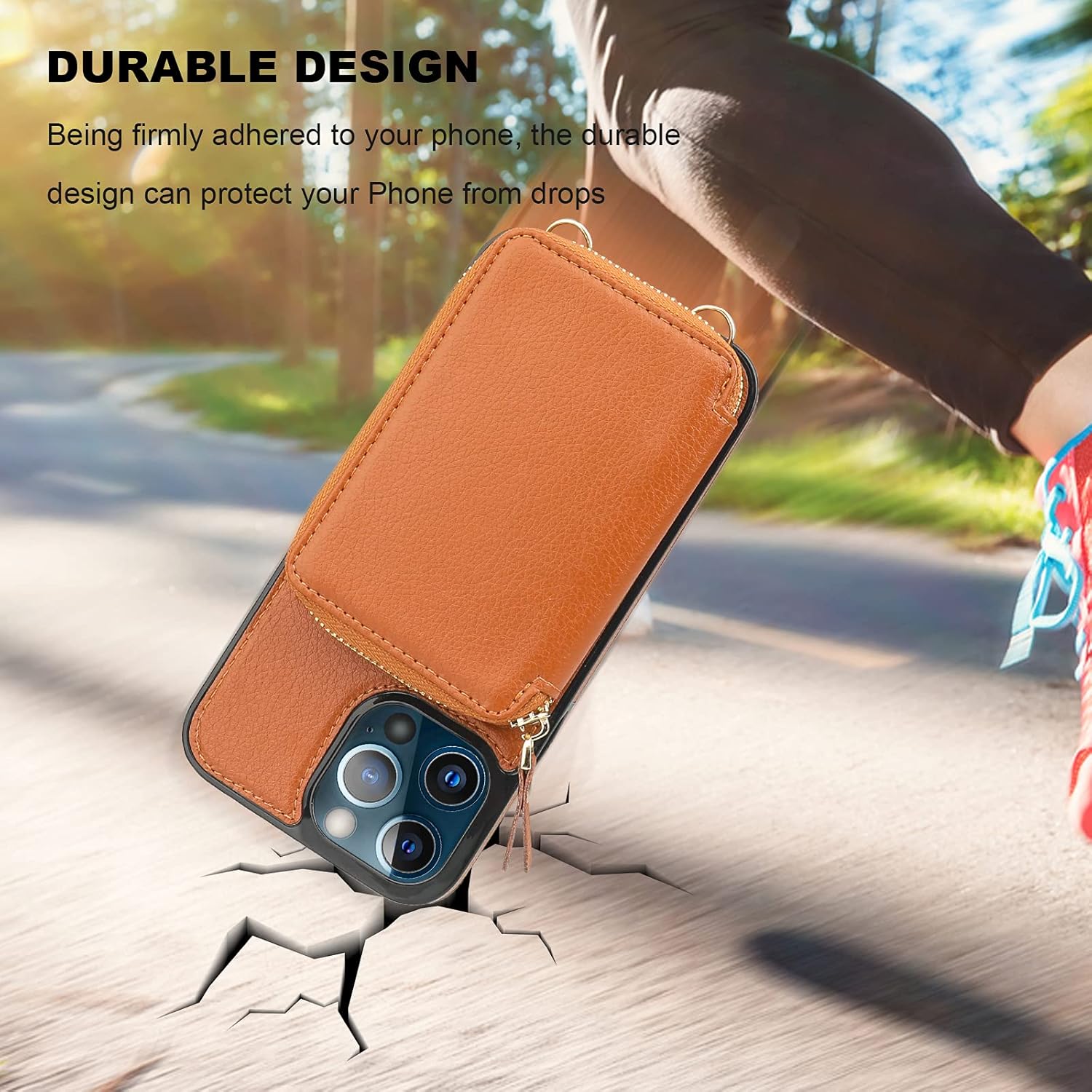 Bocasal Funda tipo cartera con bloqueo RFID para iPhone 13 Pro, funda cruzada ajustable con cremallera, tarjetero con función atril y correa de