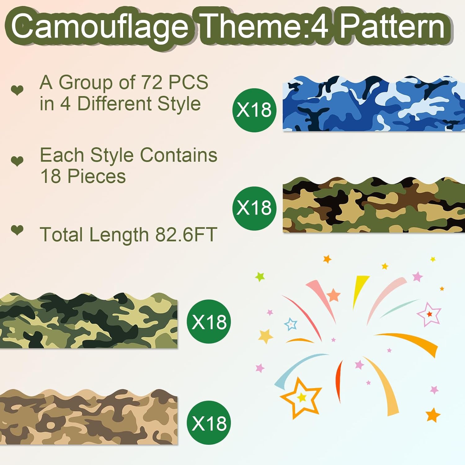 Bordes de tablero de anuncios de camuflaje de 82 pies, 4 diseños, 72 unidades, color verde, marrón, azul y negro, calcomanías de borde de camuflaje