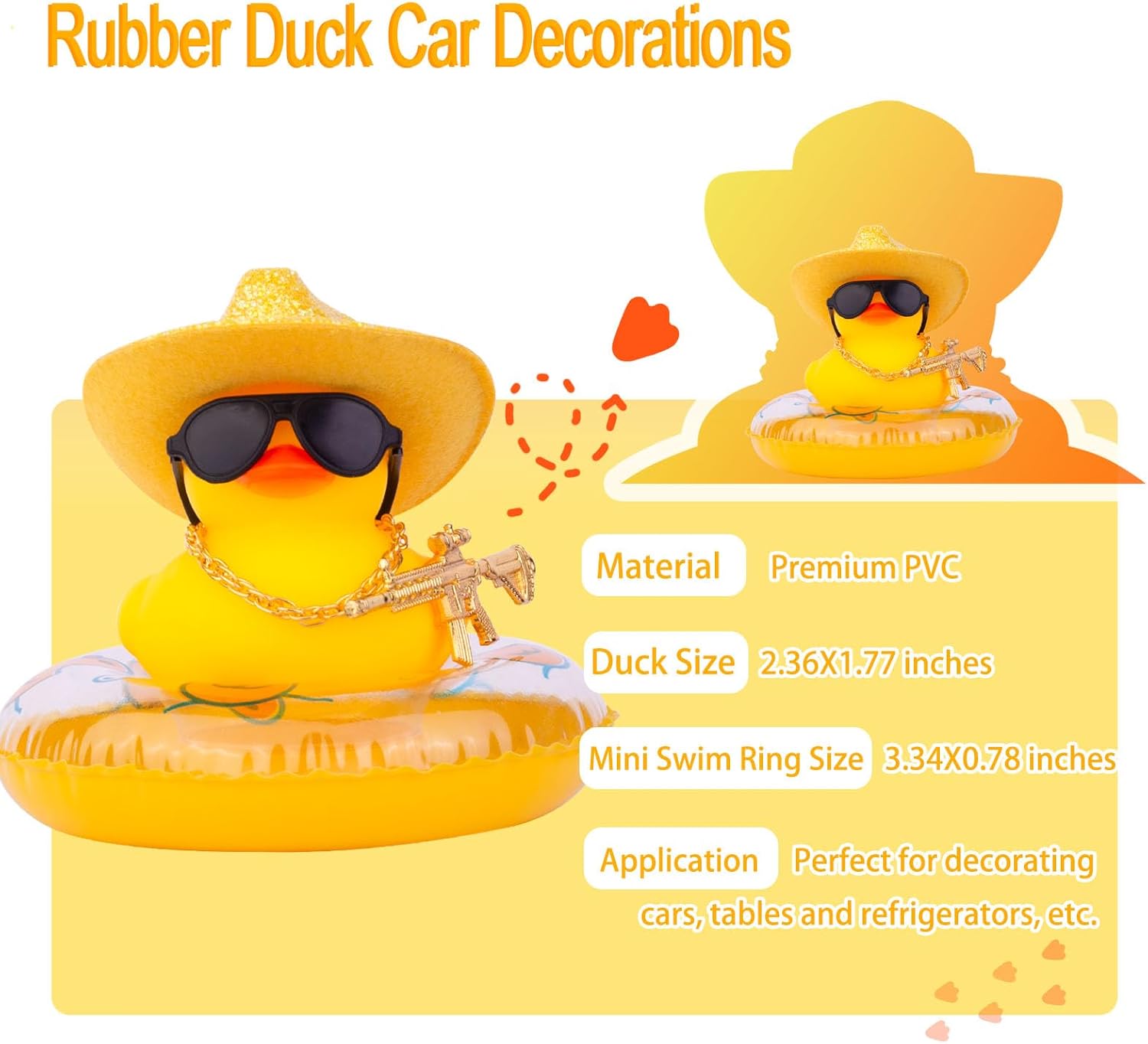 Tablero de instrumentos de decoración de pato de automóvil, accesorios de adorno de tablero de automóvil con mini sombrero de vaquero con purpurina,