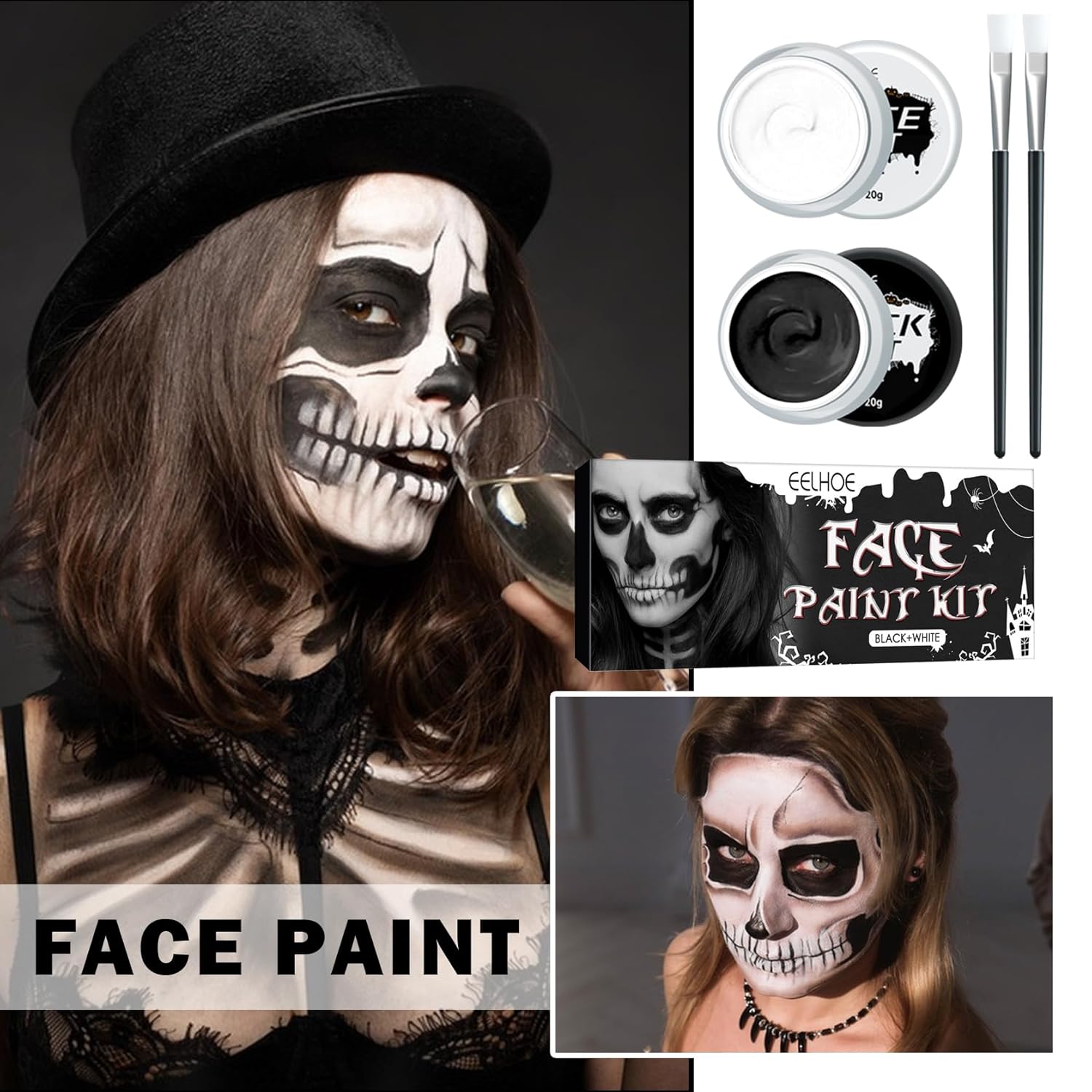 Pintura facial y corporal negra y blanca, kits profesionales de pintura facial con pinceles, alta pigmentación, lavable, kit de pintura facial para