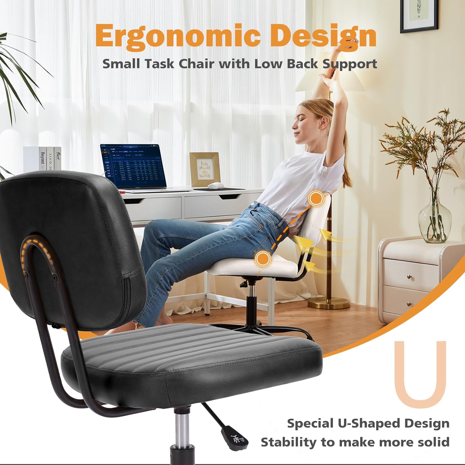 Sweetcrispy Silla pequeña de escritorio de oficina con ruedas y soporte lumbar, cómoda silla giratoria de piel sintética con ruedas y soporte