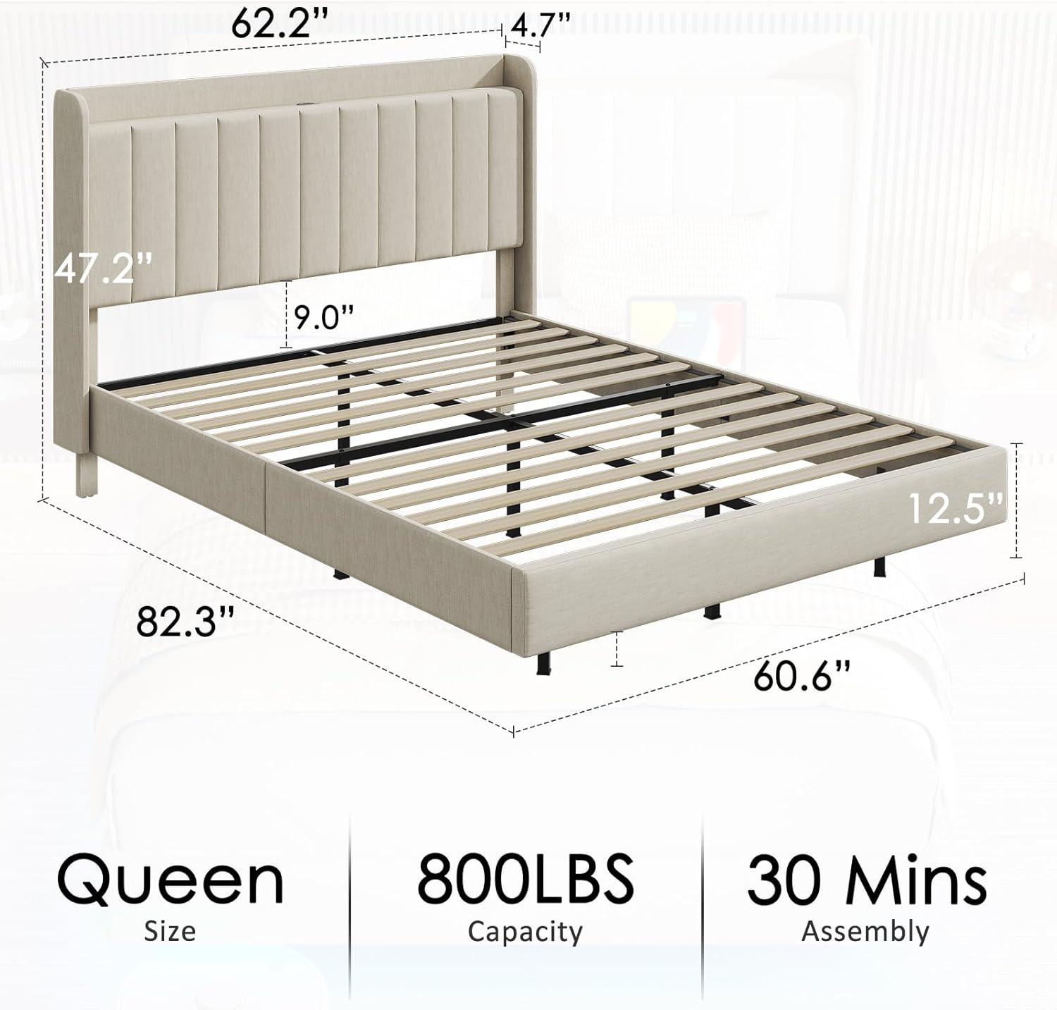 Saudism Marco de cama tapizado tamaño Queen, marco de cama flotante con cabecera de almacenamiento con respaldo de ala, puertos tipo C y USB, luces