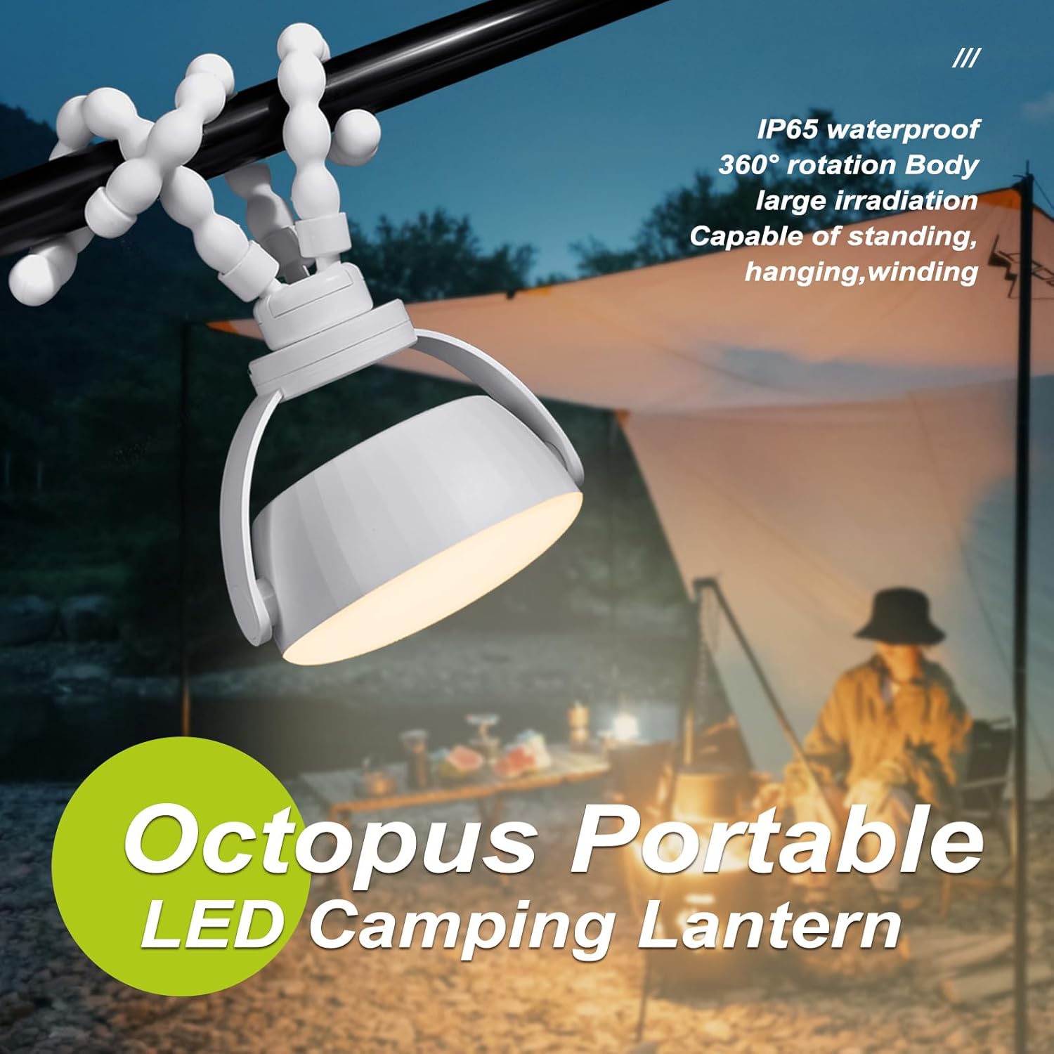 Linterna de camping portátil recargable, trípode flexible con clip en luces de campamento con IP65 impermeable para tienda de campaña, linterna