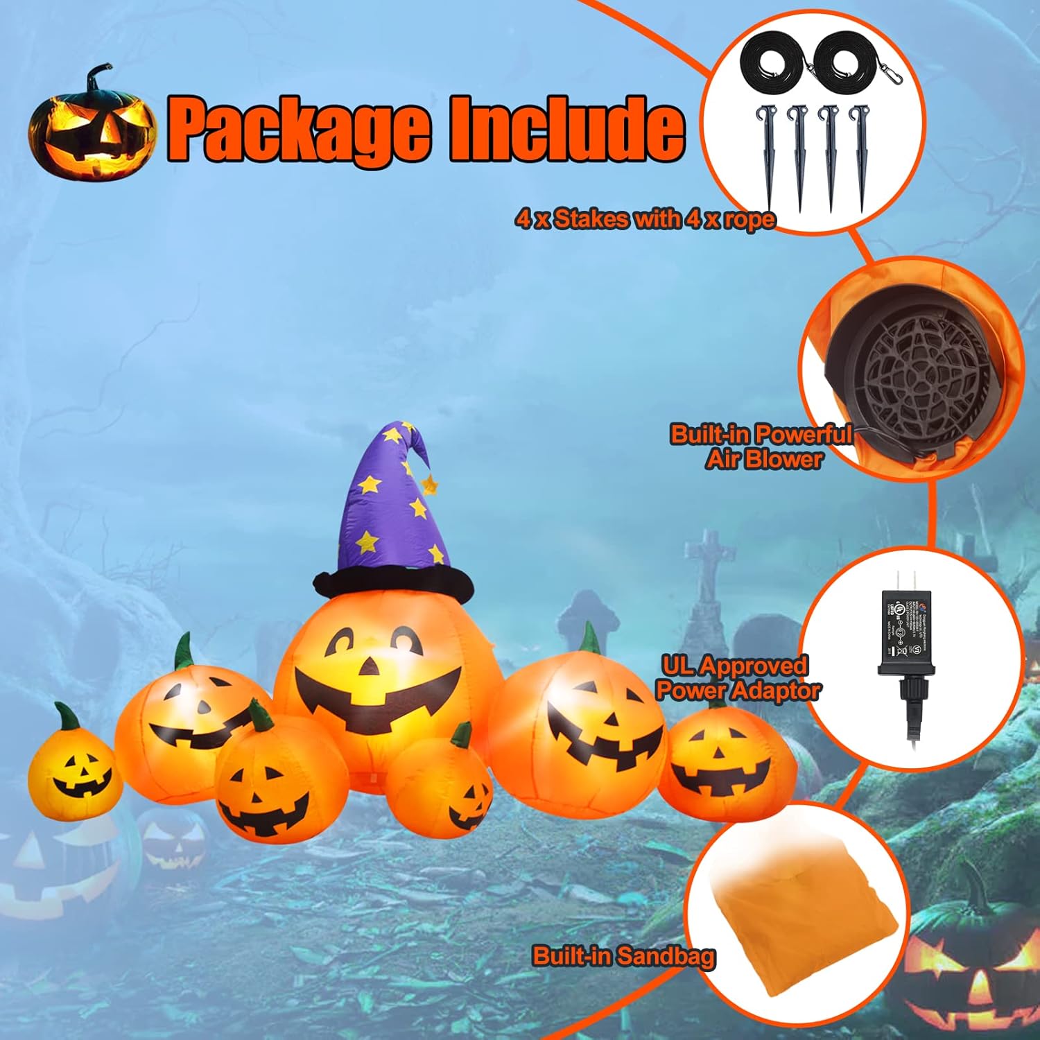 Evoio Calabazas inflables de Halloween de 8 pies para decoración al aire libre, calabazas inflables de patio y sombrero de bruja con luces LED
