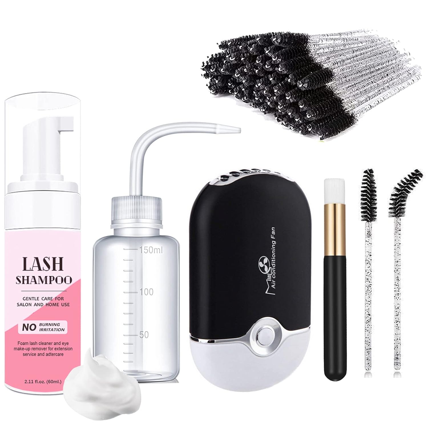 Champú de pestañas para extensiones de pestañas, limpiador de extensiones de pestañas con ventilador de pestañas USB, champú de pestañas de 1.7 fl