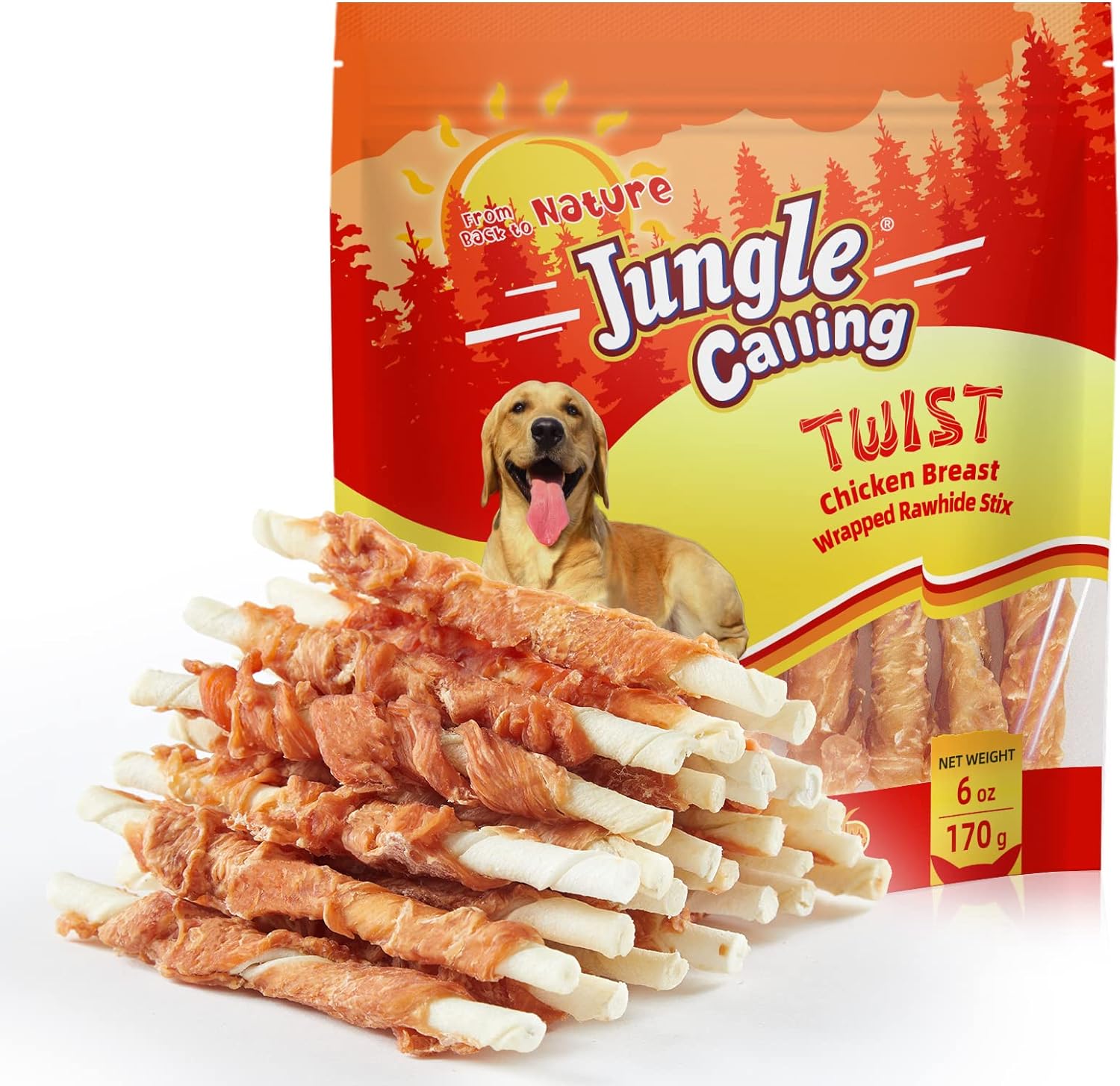 Jungle Calling Golosinas para perros, palitos de cuero crudo envueltos en pollo para perros, deliciosas y nutritivas golosinas de recompensa de