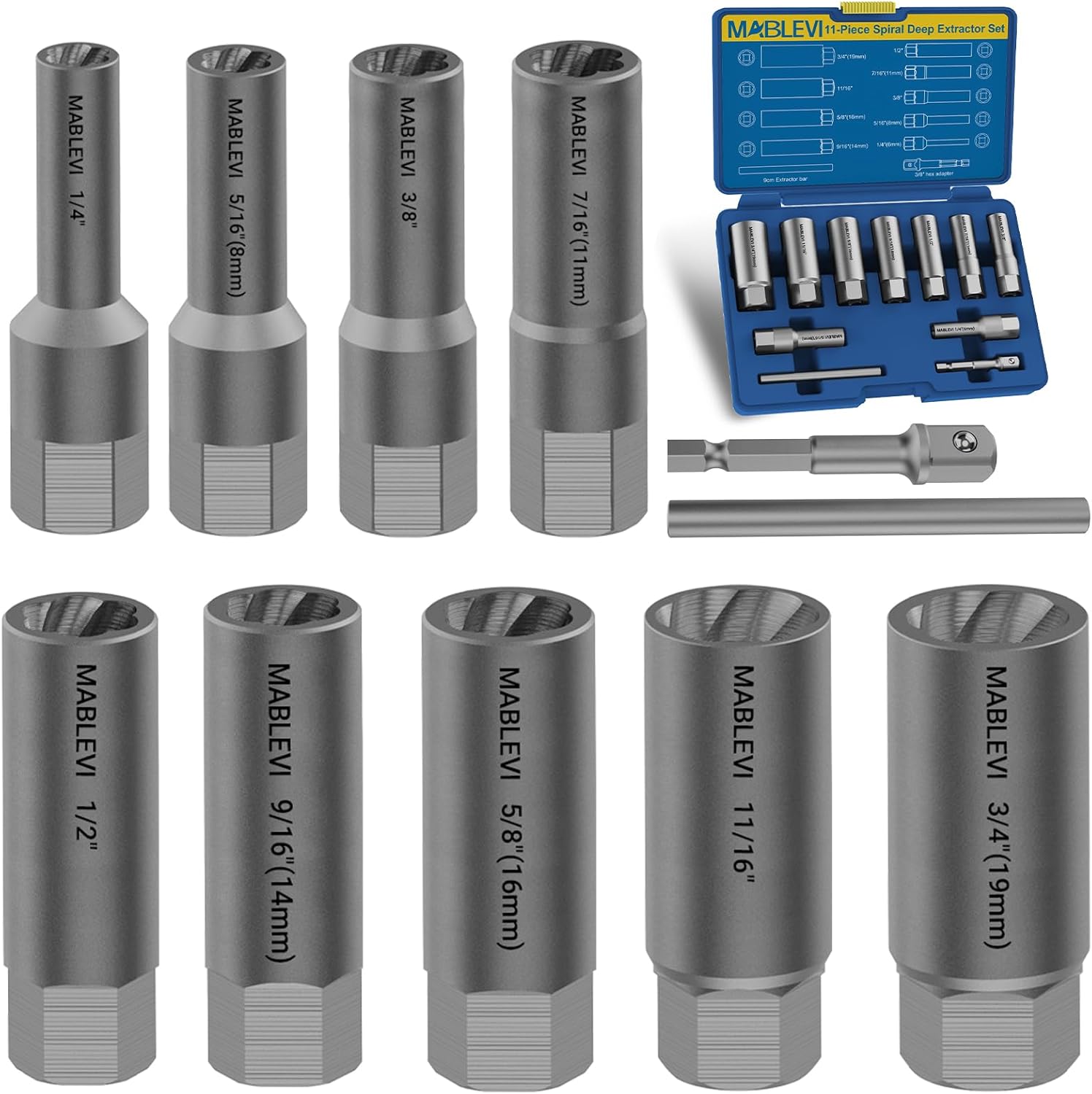 Juego de 11 extractores de pernos profundos tipo espiral, kit de extractor de pernos de impacto y tuercas de oreja, juego de enchufes de extracción