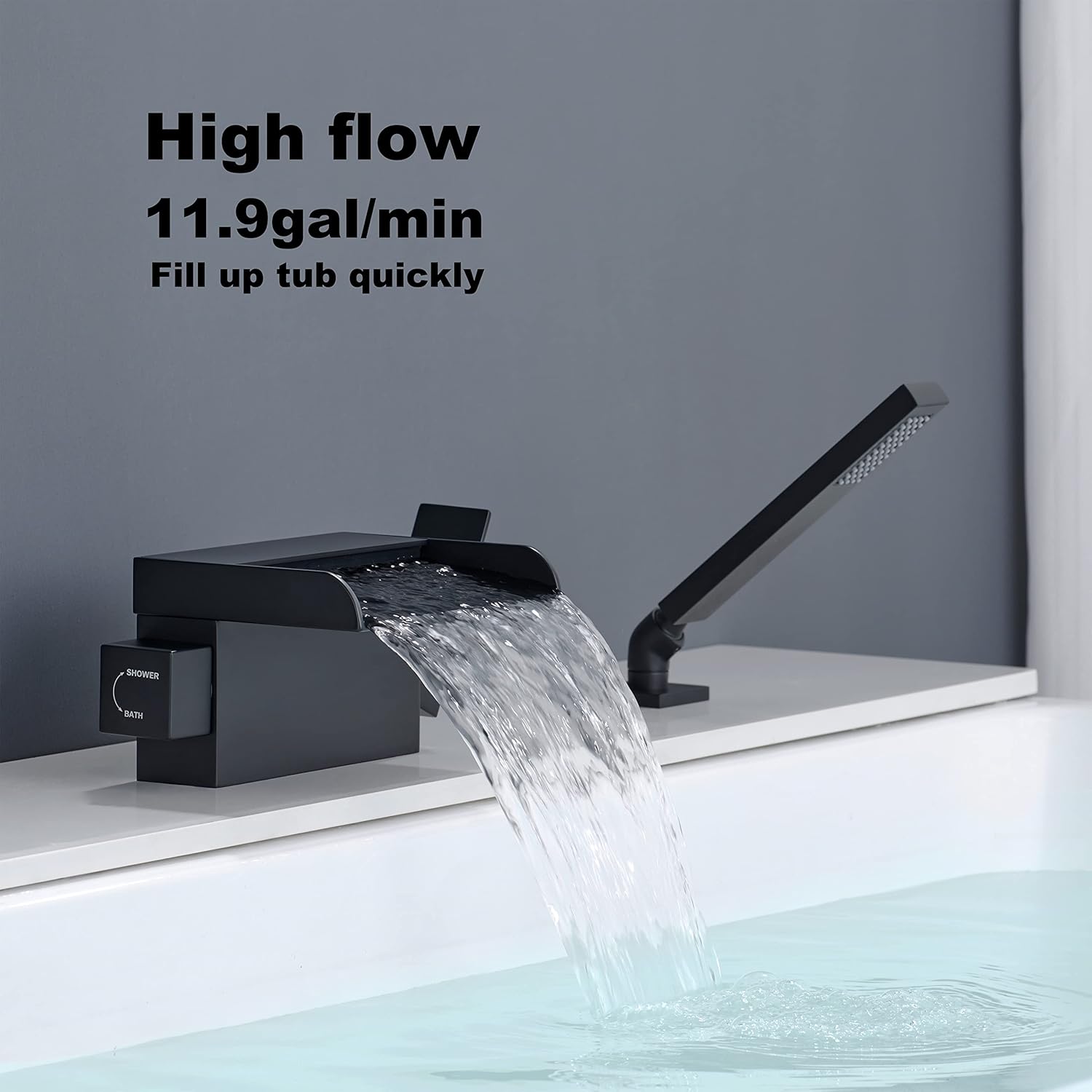 Grifo de bañera de montaje en cubierta romana de alto caudal, grifos de bañera negros, grifos de baño de latón con rociador, ducha de mano