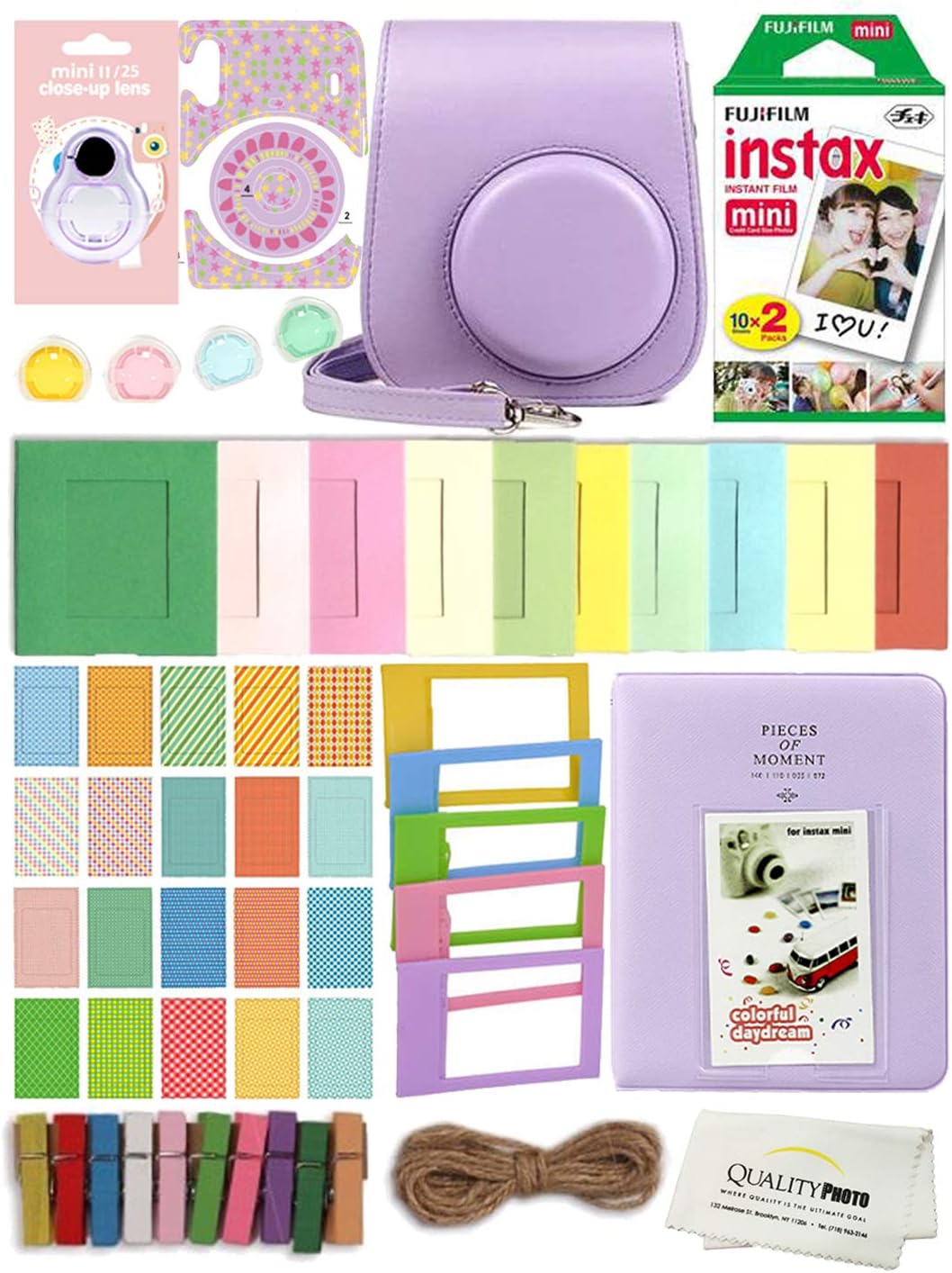Fujifilm Instax Mini 11 Deluxe – Kit de accesorios 8 en 1 para álbum, calcomanías y paño de microfibra de calidad para fotos (morado lila)