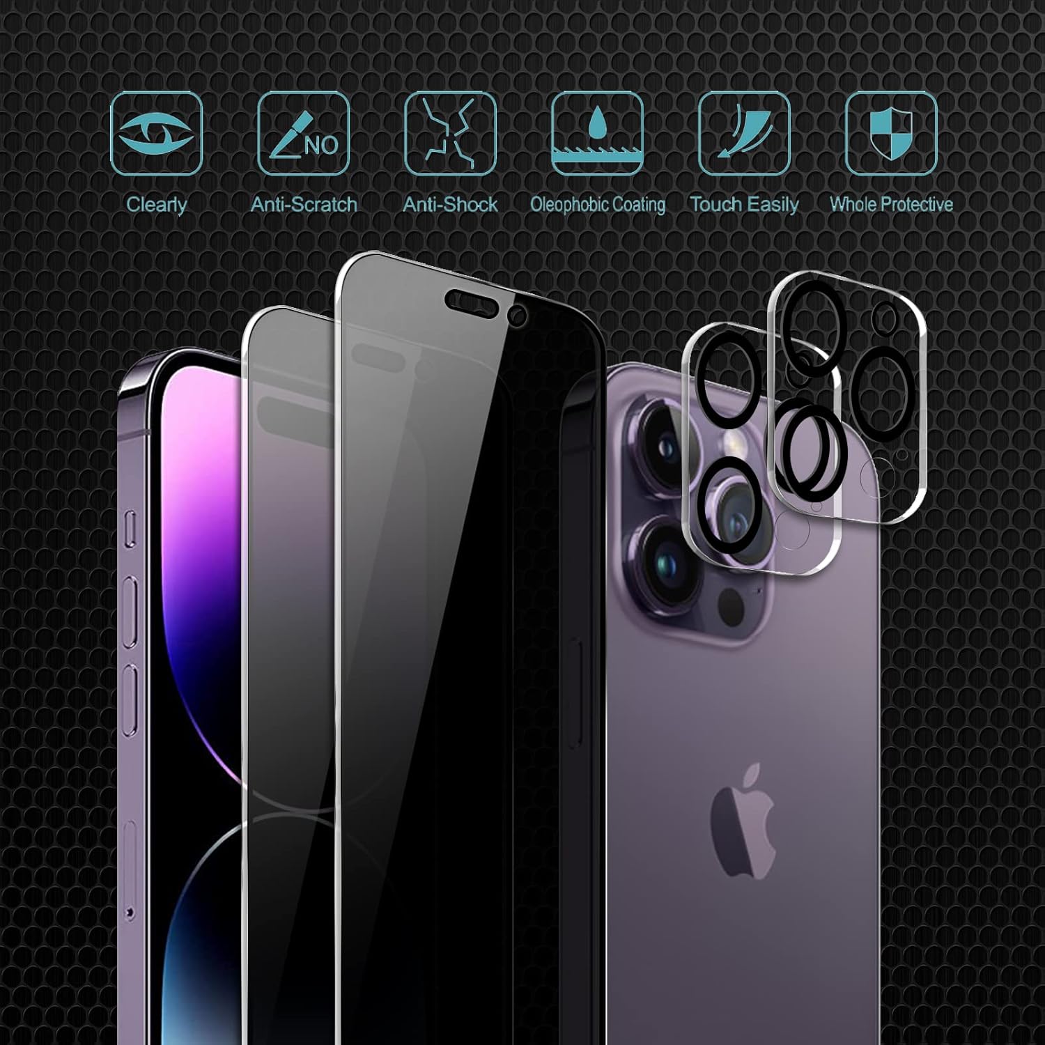Paquete de 4 protectores de pantalla de privacidad compatibles con iPhone 14 Pro Max con 2 protectores de lente de cámara, dureza 9H, película