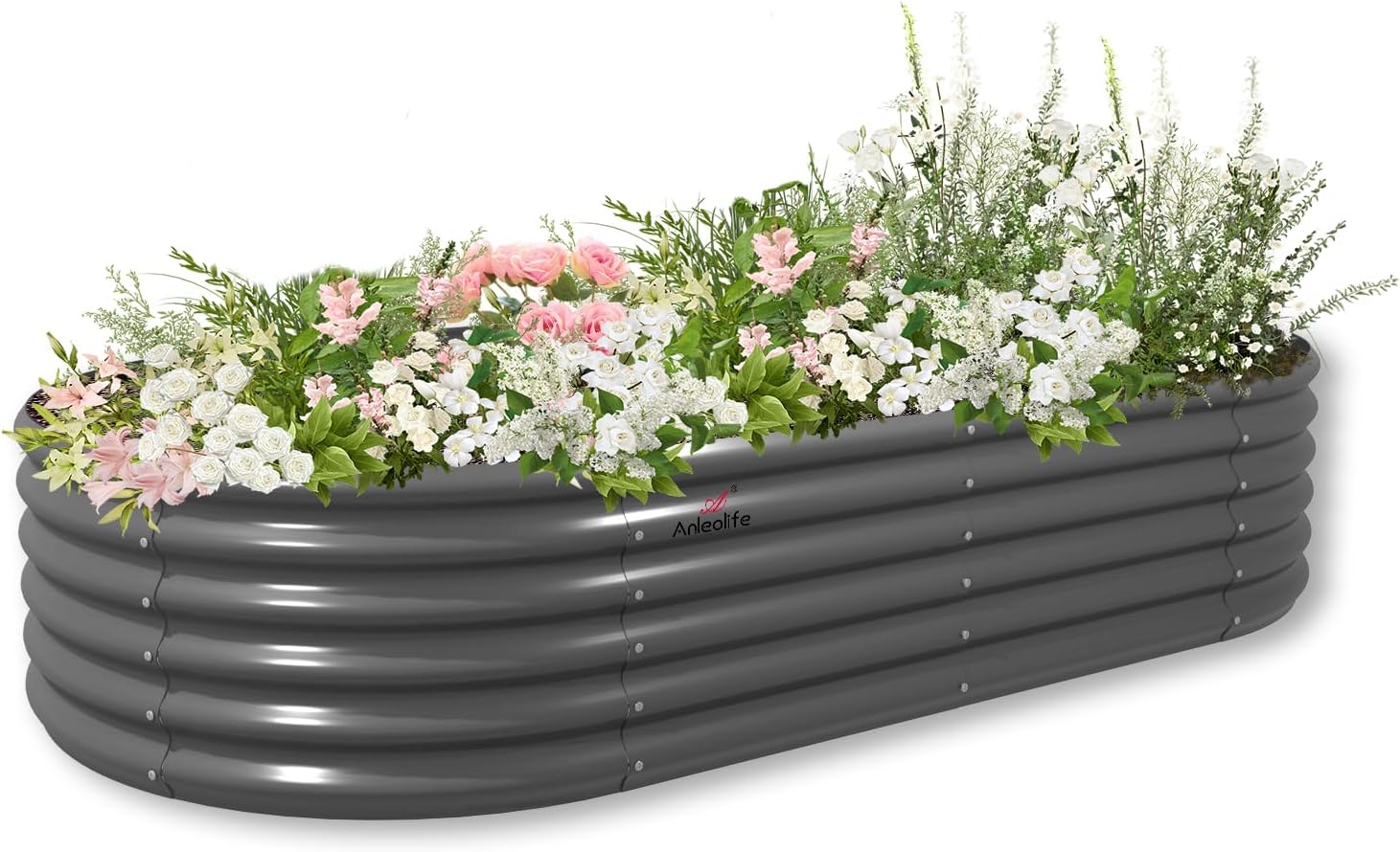 A ANLEOLIFE Jardineras elevadas galvanizadas de 8 x 4 x 1.5 pies para exteriores, maceta ovalada grande de metal para plantar verduras, flores,