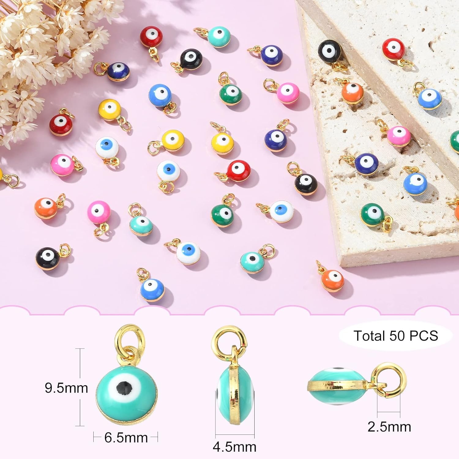 DanLingJewelry 50 pcs Random Colors Evil Eye Charms Double-Sided Evil Eye Pendant Charm Colorful Enamel Eye Charm for Jewelry Making