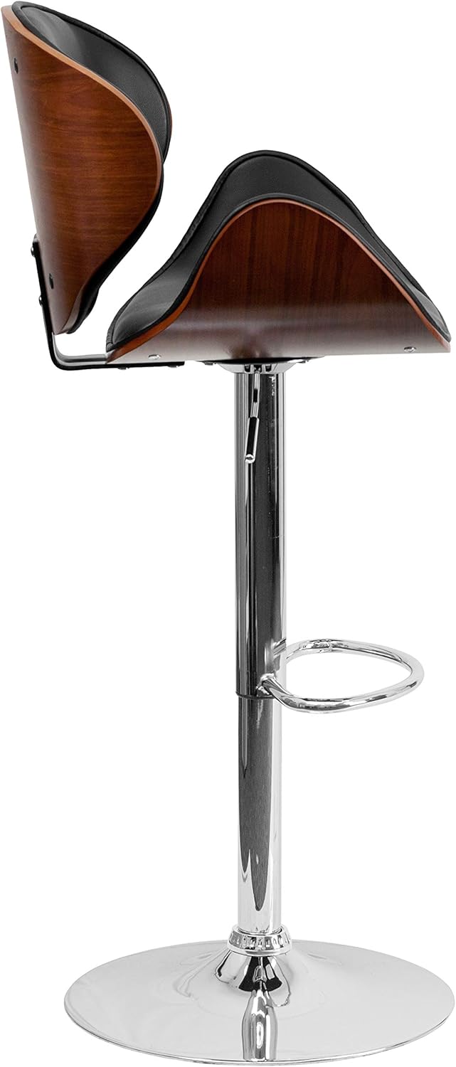 Taburete de bar Flash Furniture de madera de haya con altura ajustable y asiento y respaldo de vinilo negro curvado, Metal Espuma Tela, Walnut