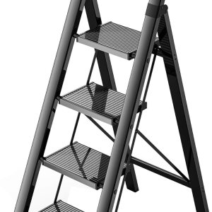 GameGem Escalera de 4 escalones, taburete plegable de aluminio con pedal antideslizante resistente y ancho, escalera de mano ligera y portátil con GameGem Escalera de 4 escalones, taburete plegable de aluminio con pedal antideslizante resistente y ancho, escalera de mano ligera y portátil con