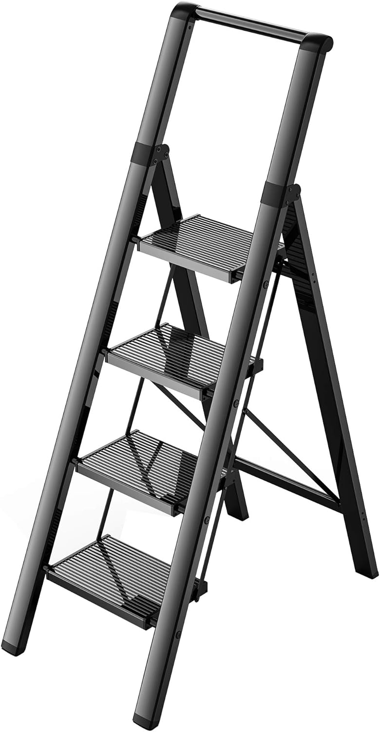 GameGem Escalera de 4 escalones, taburete plegable de aluminio con pedal antideslizante resistente y ancho, escalera de mano ligera y portátil con