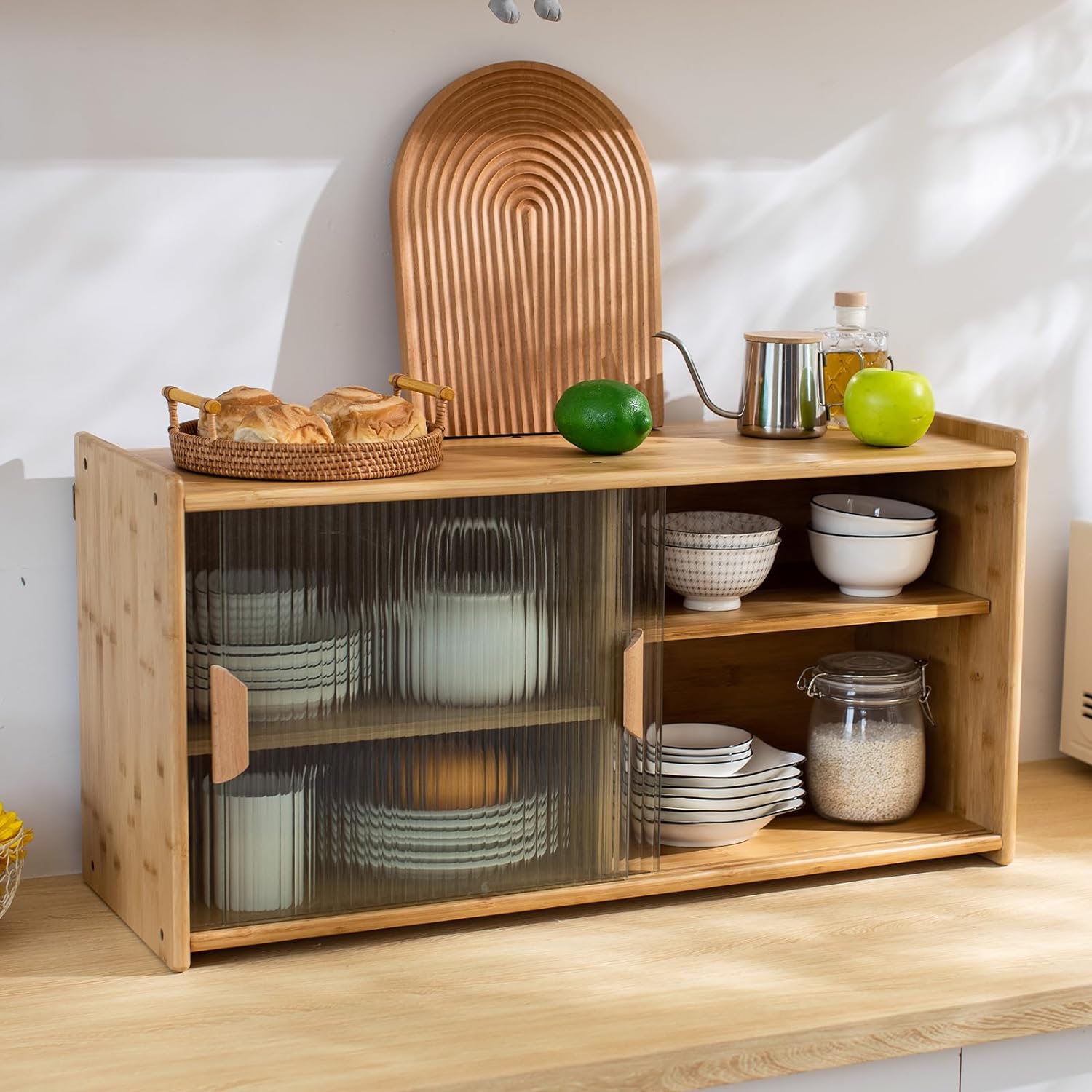 Tiita Armario pequeño de despensa de cocina, aparador de pared de bambú con puertas de vidrio, armario de despensa de alimentos para cocina, sala de