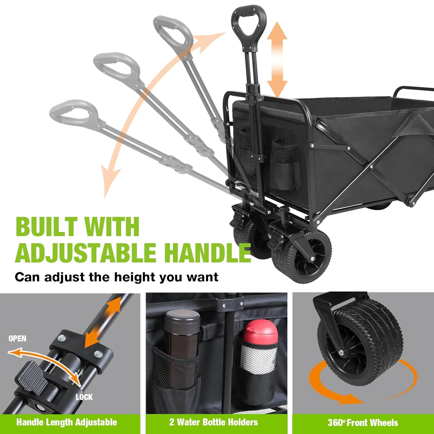 Carro de playa plegable con ruedas grandes todo terreno para arena, carros plegables resistentes con mango ajustable para exteriores, jardín,