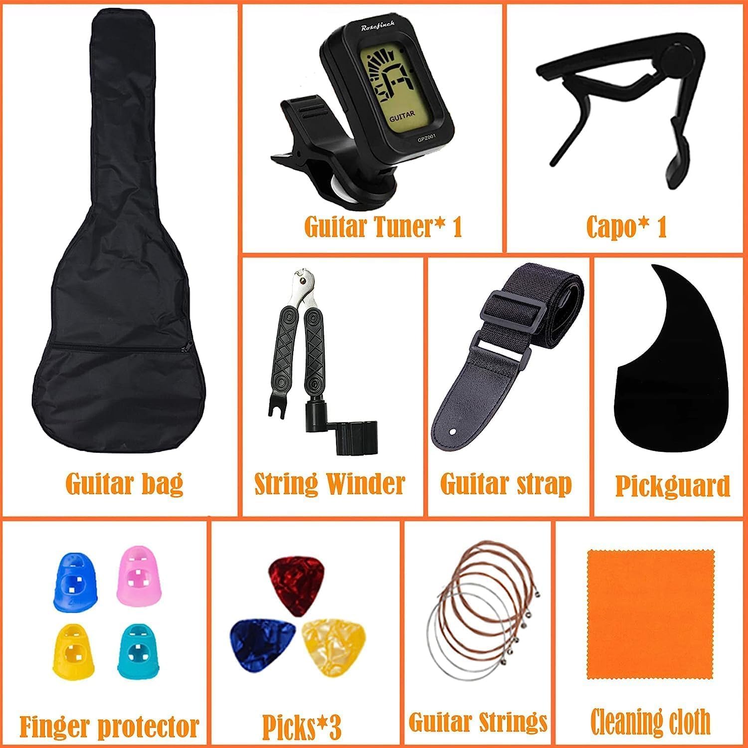 Rosefinch Guitarra acústica de 38 pulgadas, tamaño 34, para principiantes, adultos, niños, viajes, con kit de iniciación de correa de guitarra
