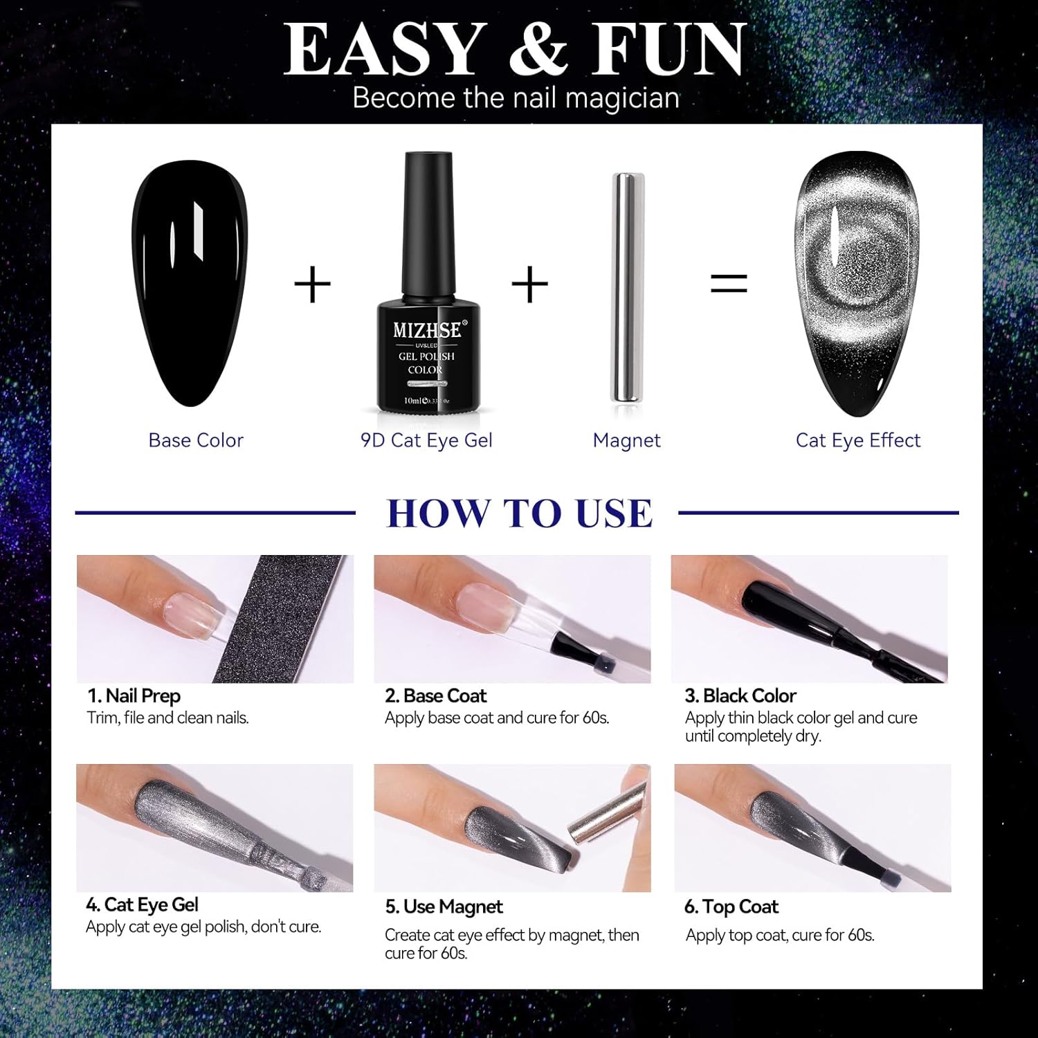 MIZHSE Esmalte de uñas de gel 9D de ojo de gato, esmalte de gel magnético plateado con barra magnética, efecto galaxia mágico, brillo holográfico,